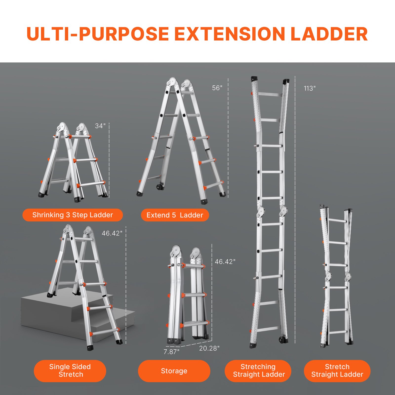 VEVOR Telescopic Ladder with A-Frame, 2880 mm Compact Aluminum Extension Ladder, Portable Folding Multi-Purpose Ladder, Leaning Ladder for Homework, Stairs, Indoor & Outdoor Roofs, up to 150 kg
