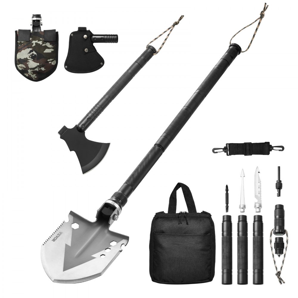 VEVOR Survival Schaufel Survival Axt, 16 in 1 Camping Klappspaten mit Axt, Edelstahl Schaufel-Axt-Kombination, multifunktionale Notfall Überlebensausrüstung für Camping und Wandern