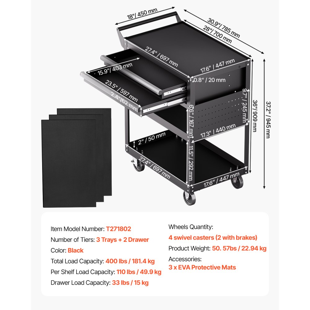 VEVOR Werkzeugwagen 785x450x945 mm, 181 kg Tragkraft, Werkstattwagen mit 2 Schubladen, Aufbewahrungs-Organizer für Mechanikerwerkzeuge, für Garage, Lager & Reparaturwerkstatt, Schwarz