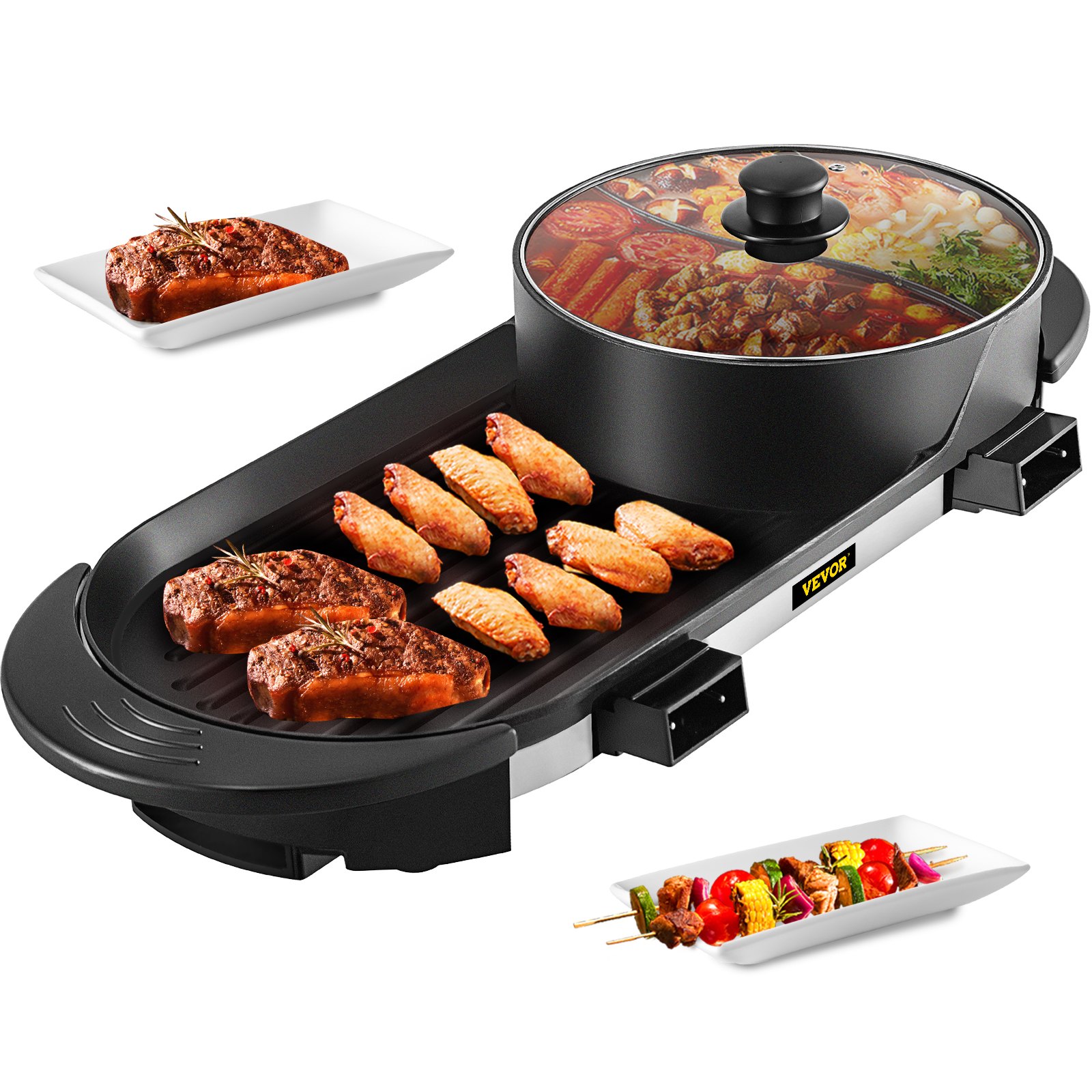 VEVOR 2 in 1 Elektrischer Hot Pot Grill 2200 W Multifunktionaler BBQ Hot Pot 67 x 28 x 17 cm Multifunktionaler Teppanyaki Grill 5 Einstellbare