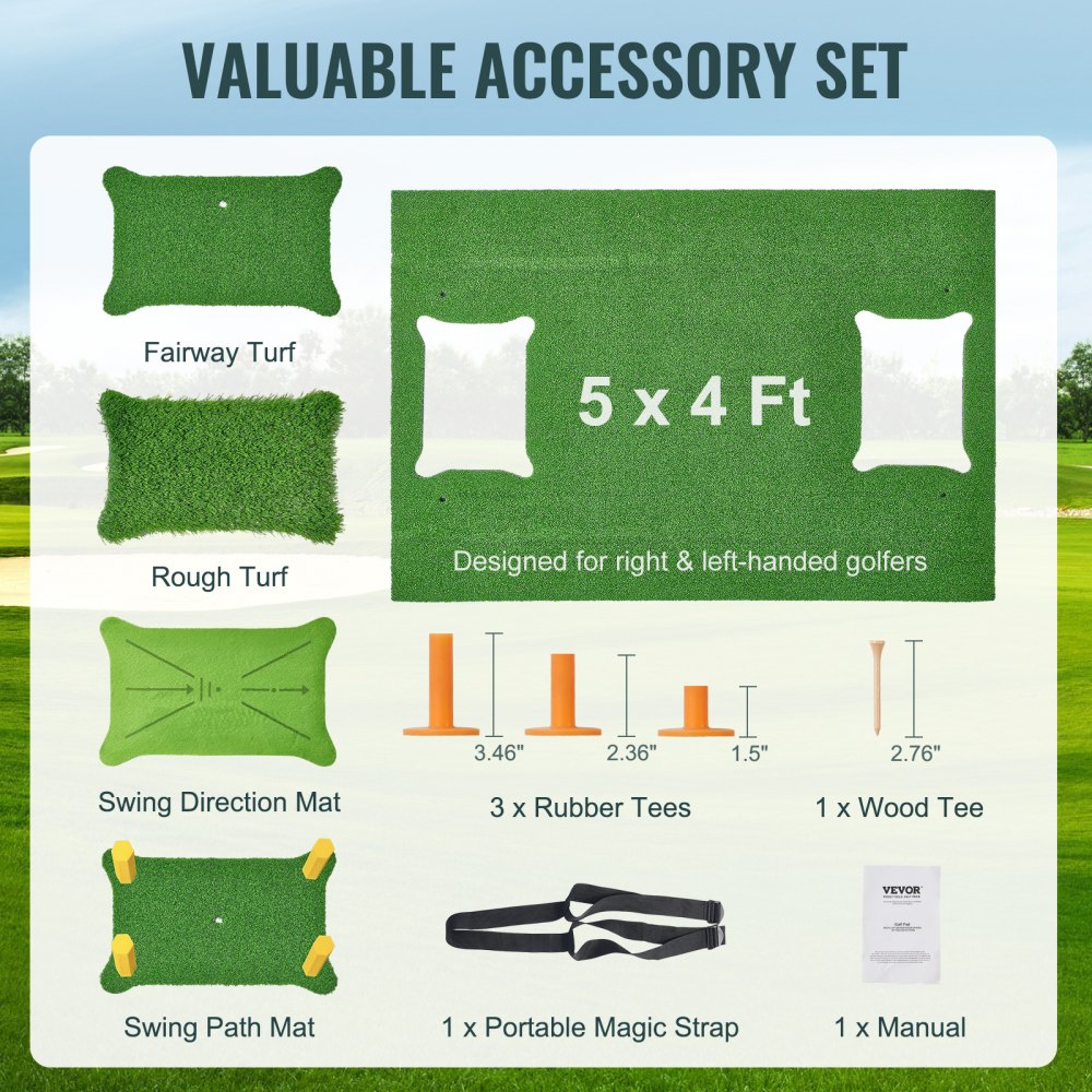 VEVOR 4-in-1 Golf Hitting Mat, 1.5 x 1.2 m Artificial Grass Golf Hitting Mat, Thickened Golf Aids Including 4 Interchangeable Inserts, Golf Practice Mat for Backyard, Driving, Chipping, Indoor and Outdoor Training