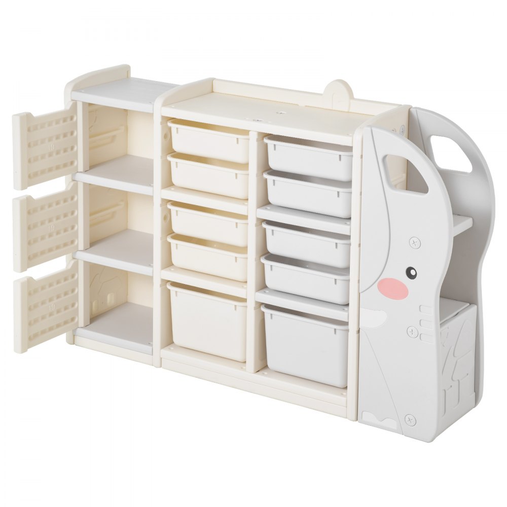 VEVOR Spielzeugaufbewahrung Bücherregal Spielzeugregal in Elefantenform, 4-stöckige multifunktionale Ablage mit 10 flexiblen Kunststoffbehältern, für Schlafzimmer Klassenzimmer (Grau + Beige)