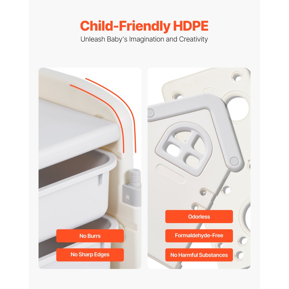 VEVOR Spielzeugaufbewahrung Bücherregal Spielzeugregal HDPE, 4-stöckige multifunktionale Ablage mit 10 flexiblen Kunststoffbehältern, für Schlafzimmer Klassenzimmer Kinderzimmer (Grau + Beige)