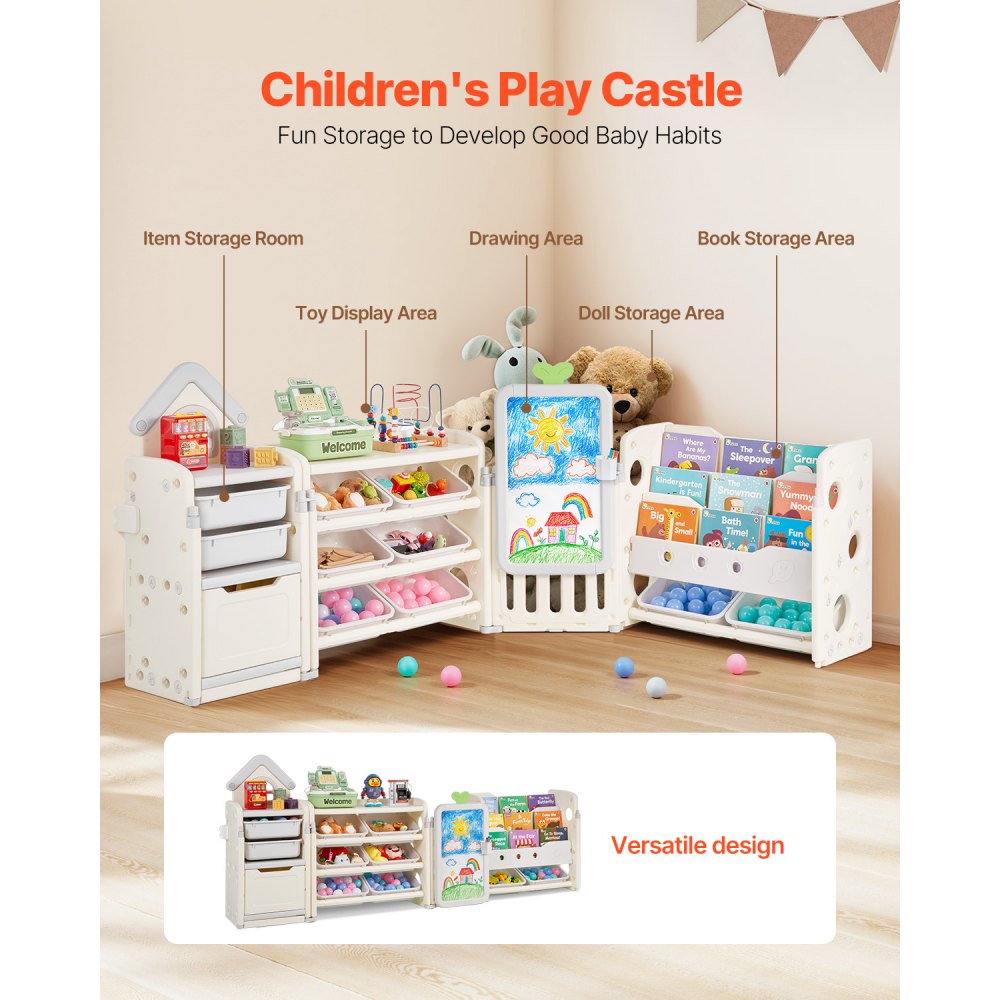VEVOR Spielzeugaufbewahrung Bücherregal Spielzeugregal HDPE, 4-stöckige multifunktionale Ablage mit 10 flexiblen Kunststoffbehältern & Zeichenbrett, für Schlafzimmer Klassenzimmer (Grau + Beige)