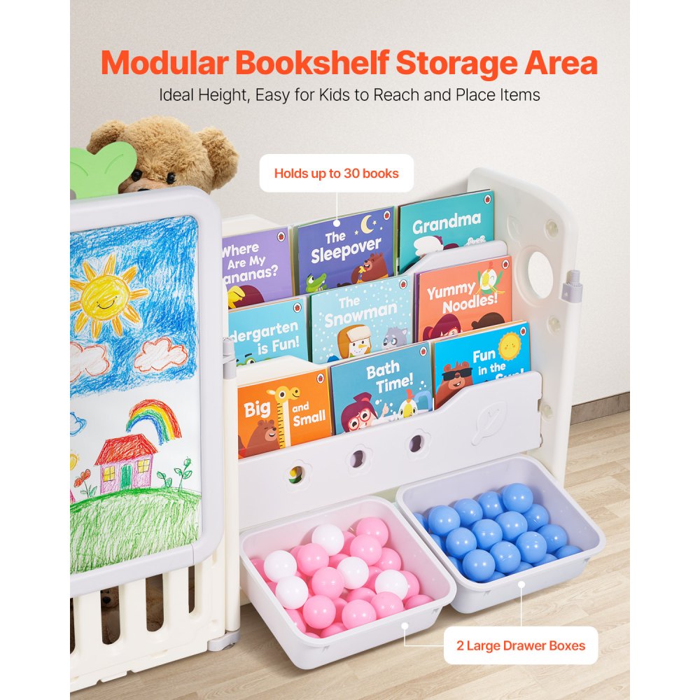 VEVOR Spielzeugaufbewahrung Bücherregal Spielzeugregal HDPE, 4-stöckige multifunktionale Ablage mit 10 flexiblen Kunststoffbehältern & Zeichenbrett, für Schlafzimmer Klassenzimmer (Grau + Beige)