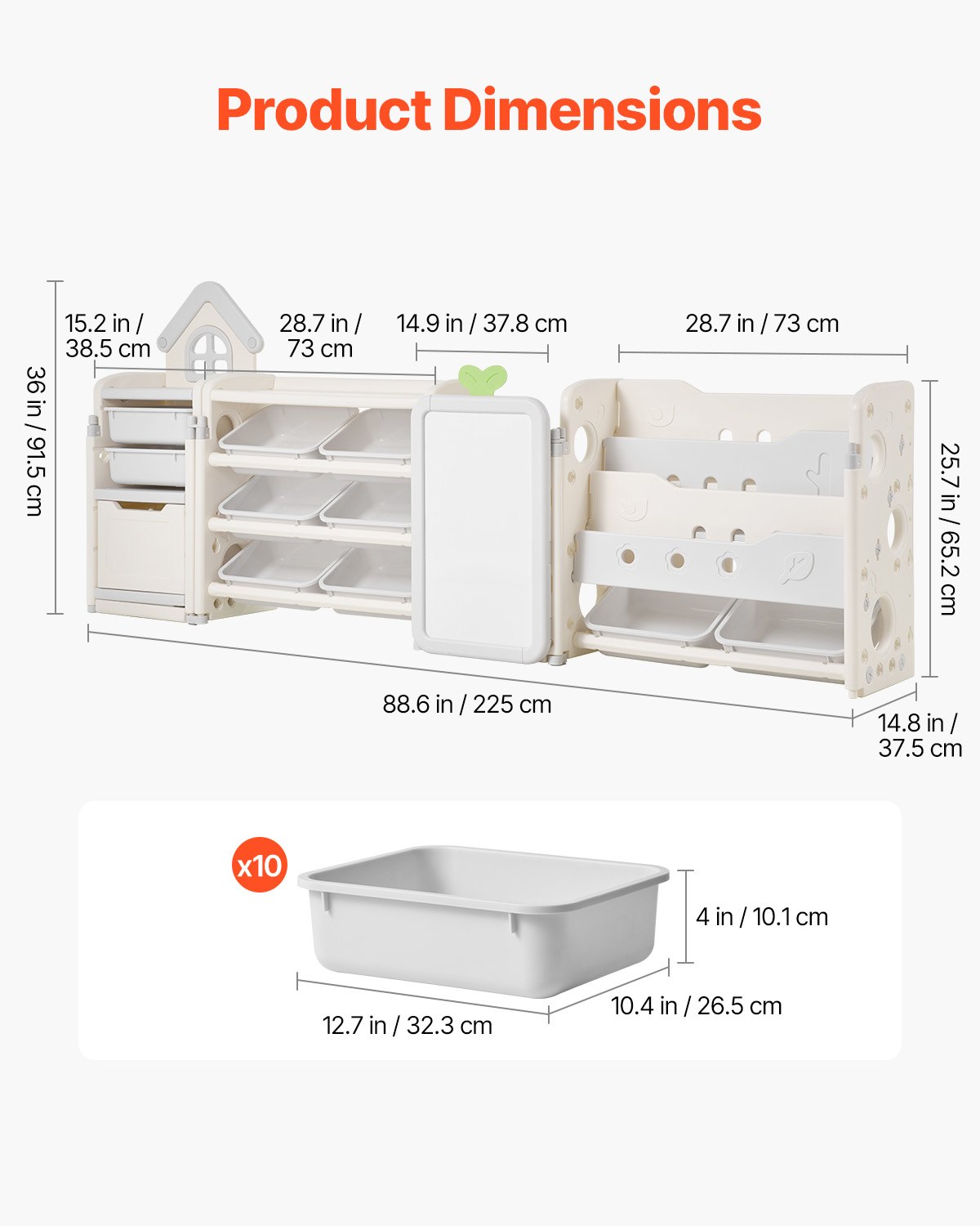 VEVOR Spielzeugaufbewahrung Bücherregal Spielzeugregal HDPE, 4-stöckige multifunktionale Ablage mit 10 flexiblen Kunststoffbehältern & Zeichenbrett, für Schlafzimmer Klassenzimmer (Grau + Beige)