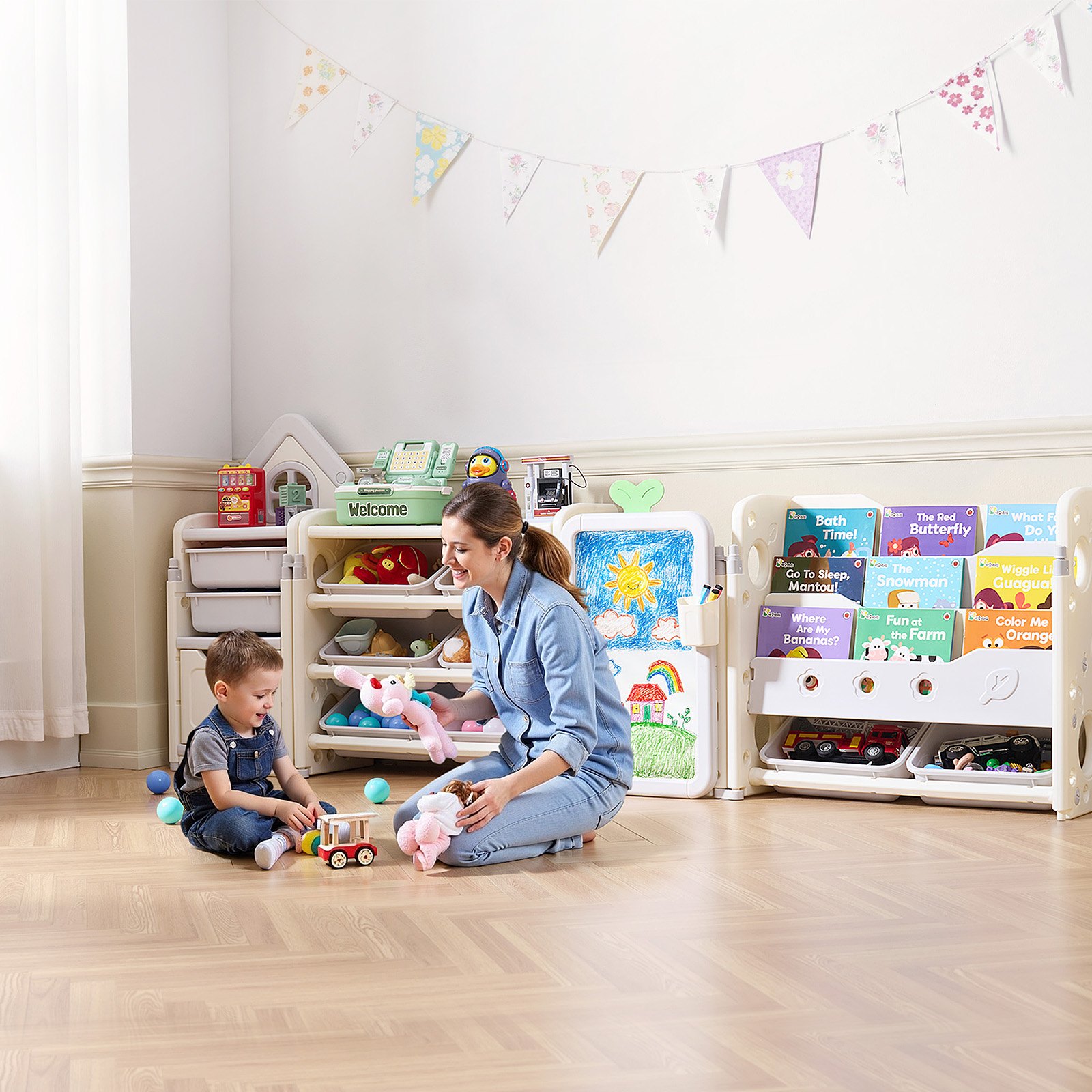 VEVOR Spielzeugaufbewahrung Bücherregal Spielzeugregal HDPE, 4-stöckige multifunktionale Ablage mit 10 flexiblen Kunststoffbehältern & Zeichenbrett, für Schlafzimmer Klassenzimmer (Grau + Beige)