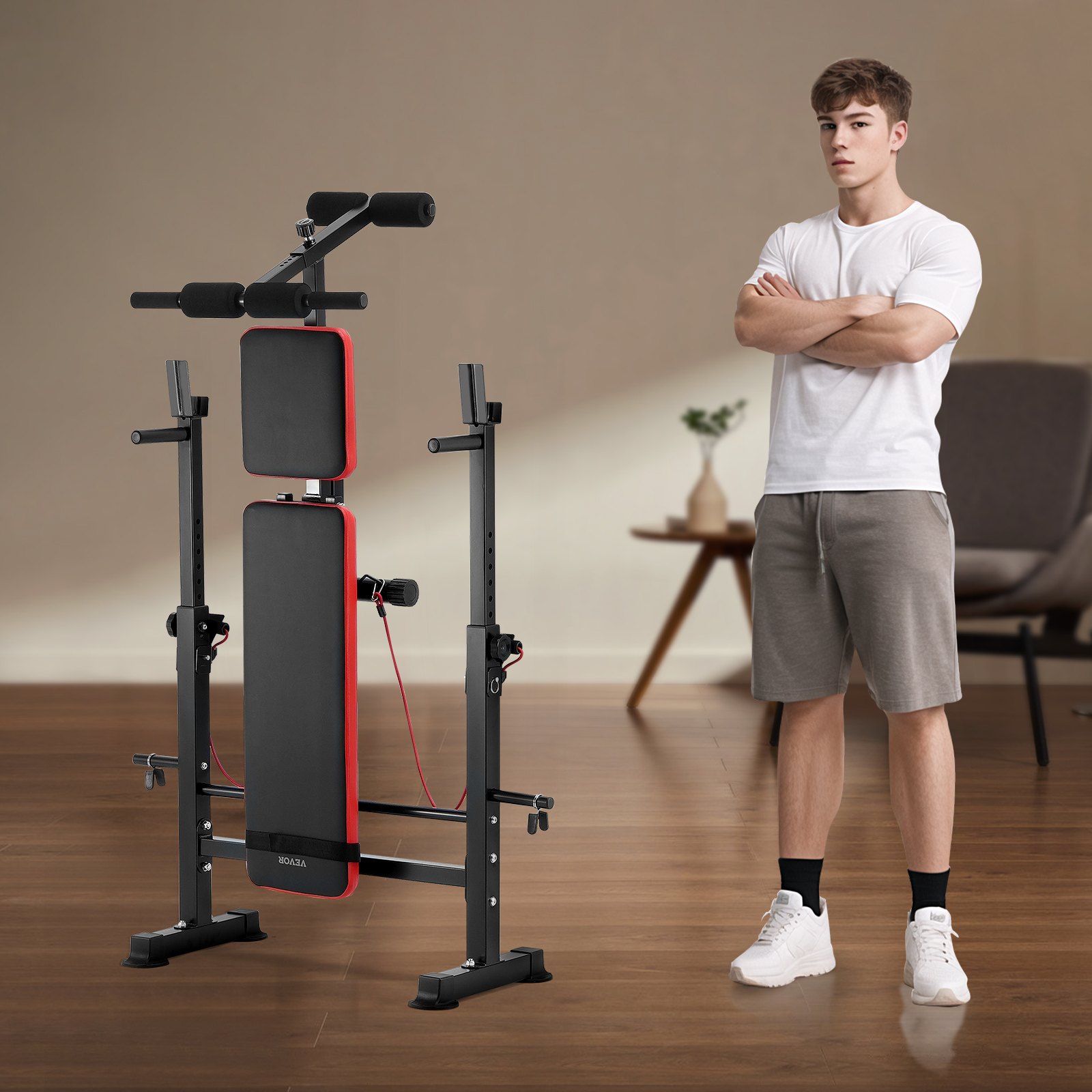 VEVOR Hantelbank-Set verstellbare Trainingsbankpresse Trainingsbank mit Ständer 272 kg belastbar, Sit-up-Bank für Krafttraining im Heim-Fitnessstudio, Bizeps- und Rückenübungen Hanteln-Set schwarz