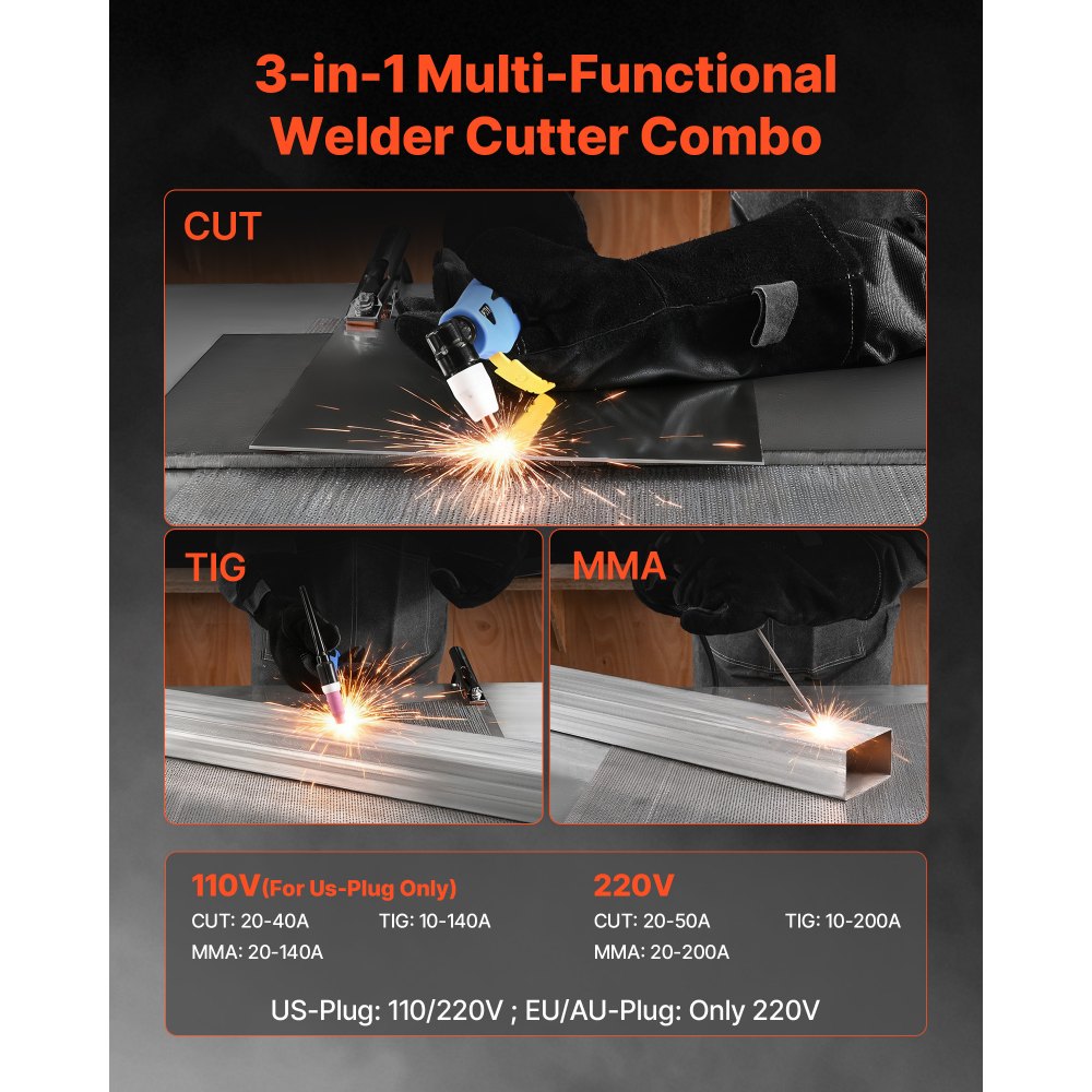 VEVOR 3-in-1 Plasma Cutter Welder Combo - CUT/TIG/MMA, 50A Plasma Cutting Machine & 200A TIG Stick Welder, LED Digital Display with 2T/4T/PA/PT Function for Home Repairs, Workshops, 220V