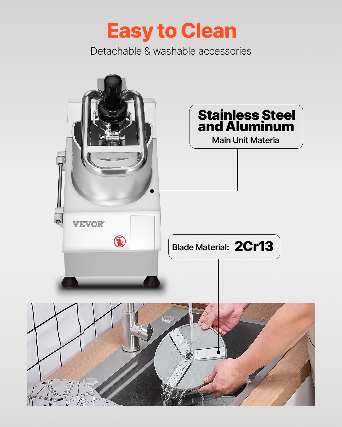 VEVOR Küchenmaschine Gemüseschneider Gemüsezerkleiner 2 Einfüllöffnungen, Schneider aus lebensmittelechtem Edelstahl mit 6 abnehmbaren Klingen, 3/5/7/10 mm Raspel, 2/4 mm Hobel, für Gemüse Obst