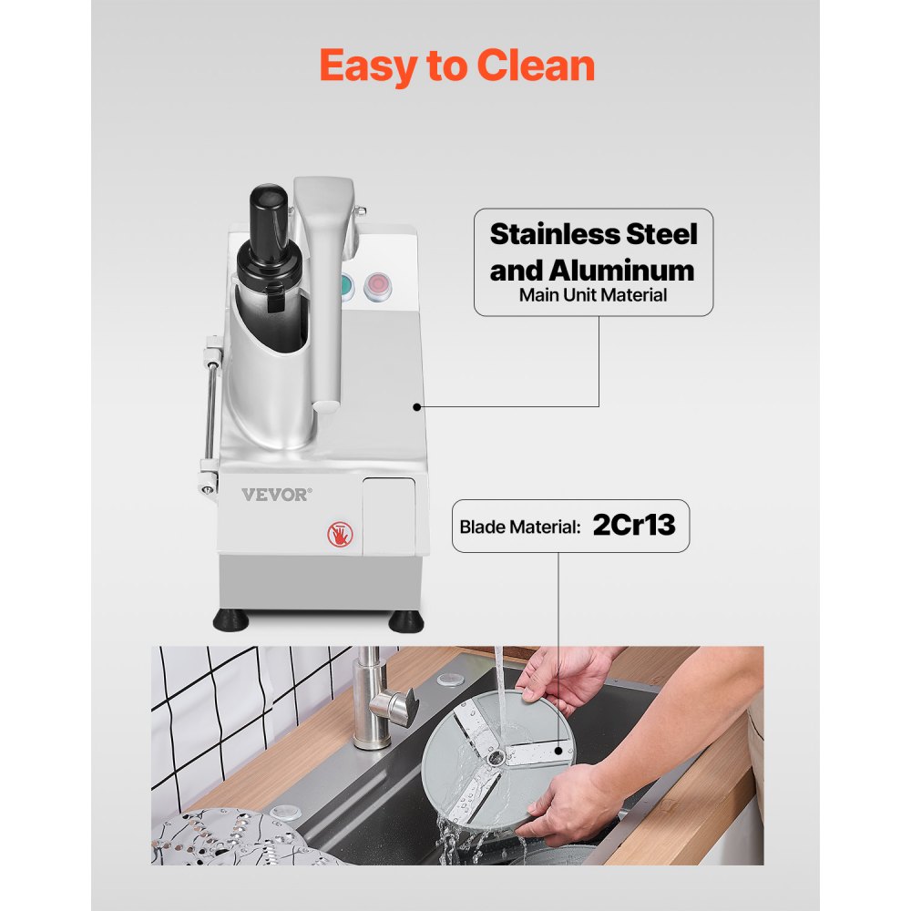 VEVOR Küchenmaschine Gemüseschneider Gemüsezerkleiner 2 Einfüllöffnungen, Schneider aus lebensmittelechtem Edelstahl mit 6 Klingen, 3/5/7/10 mm Raspel, 2/4 mm Hobel, für Gemüse 550 W