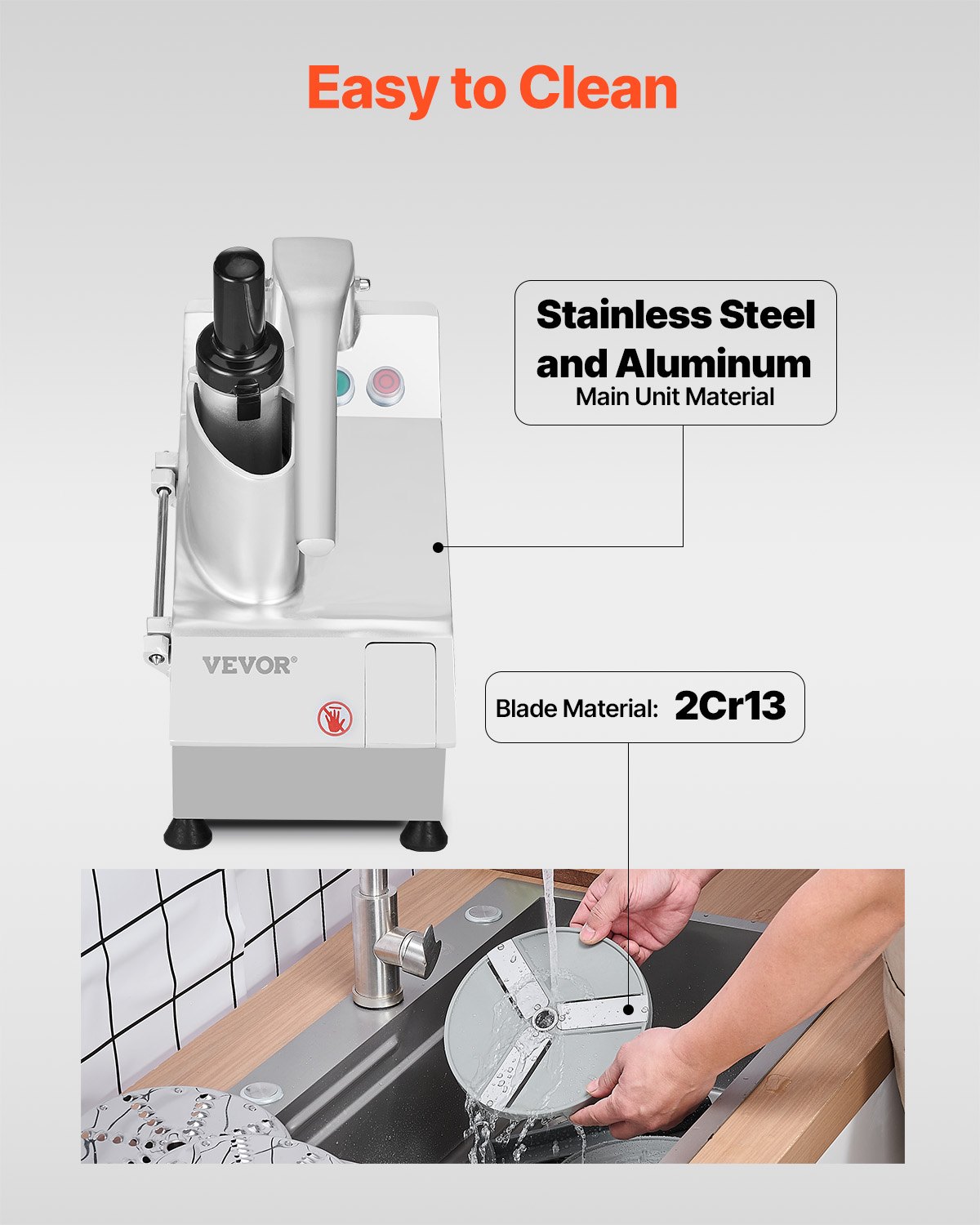 VEVOR Küchenmaschine Gemüseschneider Gemüsezerkleiner 2 Einfüllöffnungen, Schneider aus lebensmittelechtem Edelstahl mit 6 Klingen, 3/5/7/10 mm Raspel, 2/4 mm Hobel, für Gemüse 550 W