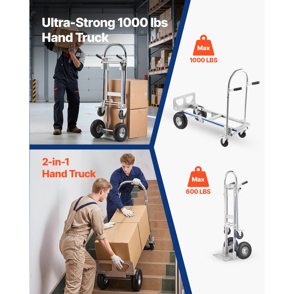 VEVOR 2-in-1-Sackkarre 454 kg, Transportkarre im 4-Rad-Modus, Umwandelbarer Plattformwagen mit Rutschfestem Griff, Tragbarer Handwagen Transportwagen, Trolley für Umzüge, Büro, Lager, Supermarkt