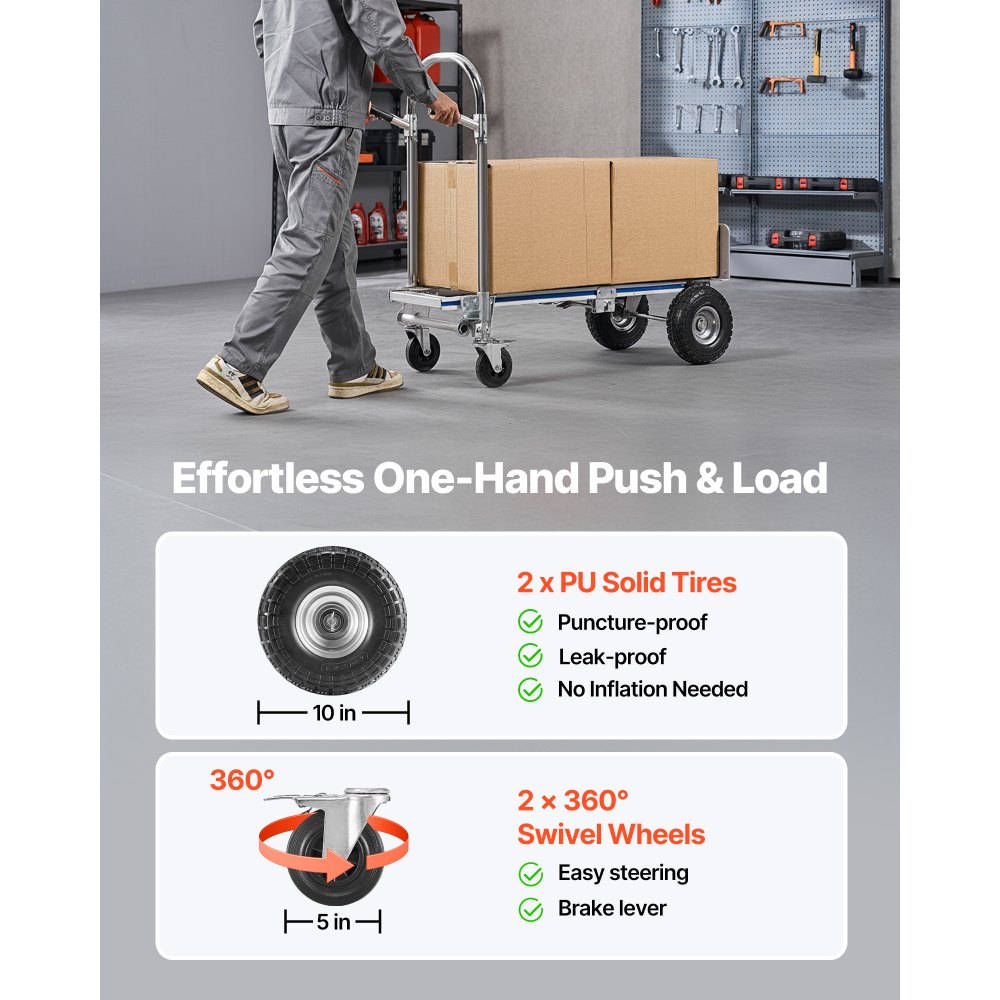 VEVOR 2-in-1-Sackkarre 454 kg, Transportkarre im 4-Rad-Modus, Umwandelbarer Plattformwagen mit Rutschfestem Griff, Tragbarer Handwagen Transportwagen, Trolley für Umzüge, Büro, Lager, Supermarkt