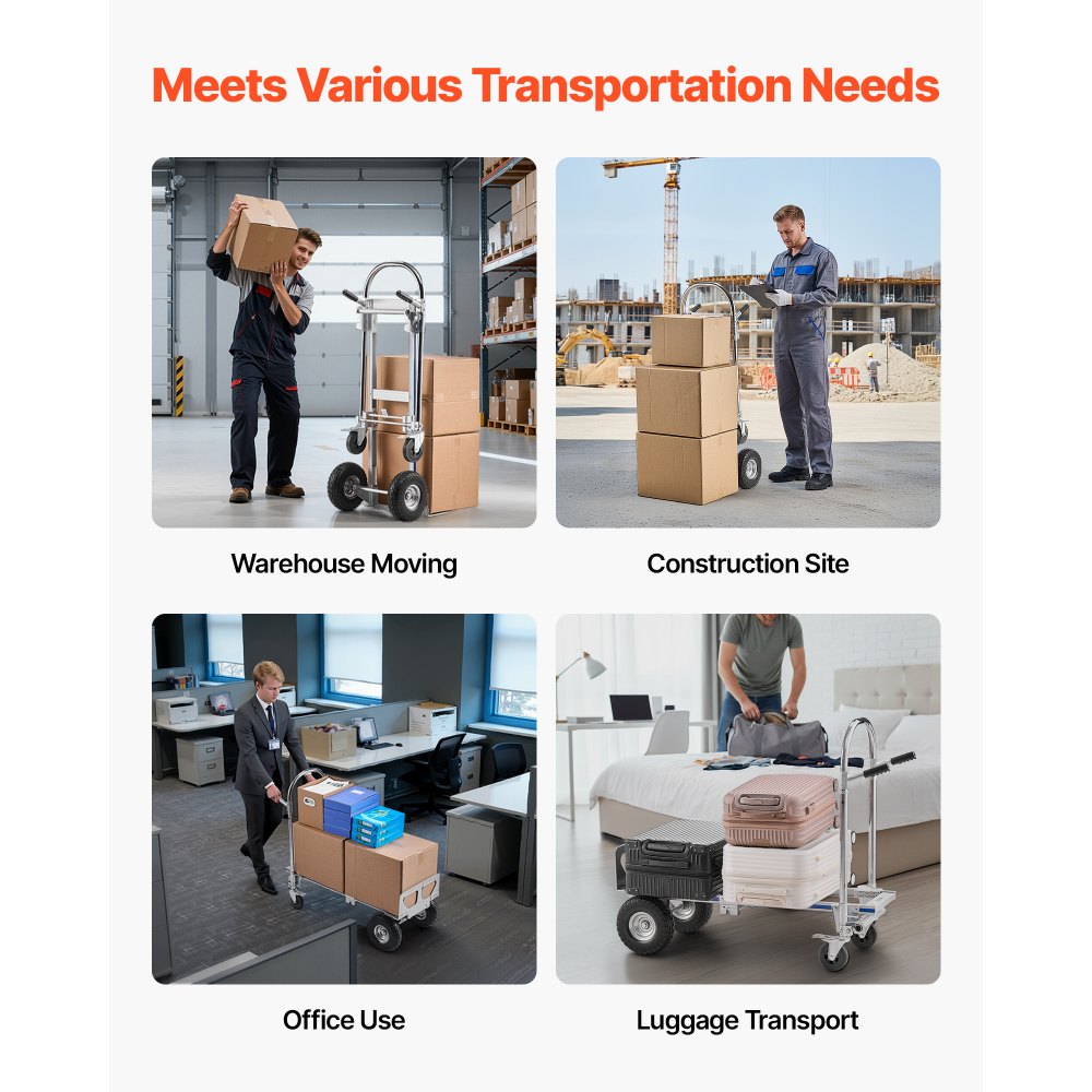 VEVOR 2-in-1-Sackkarre 454 kg, Transportkarre im 4-Rad-Modus, Umwandelbarer Plattformwagen mit Rutschfestem Griff, Tragbarer Handwagen Transportwagen, Trolley für Umzüge, Büro, Lager, Supermarkt