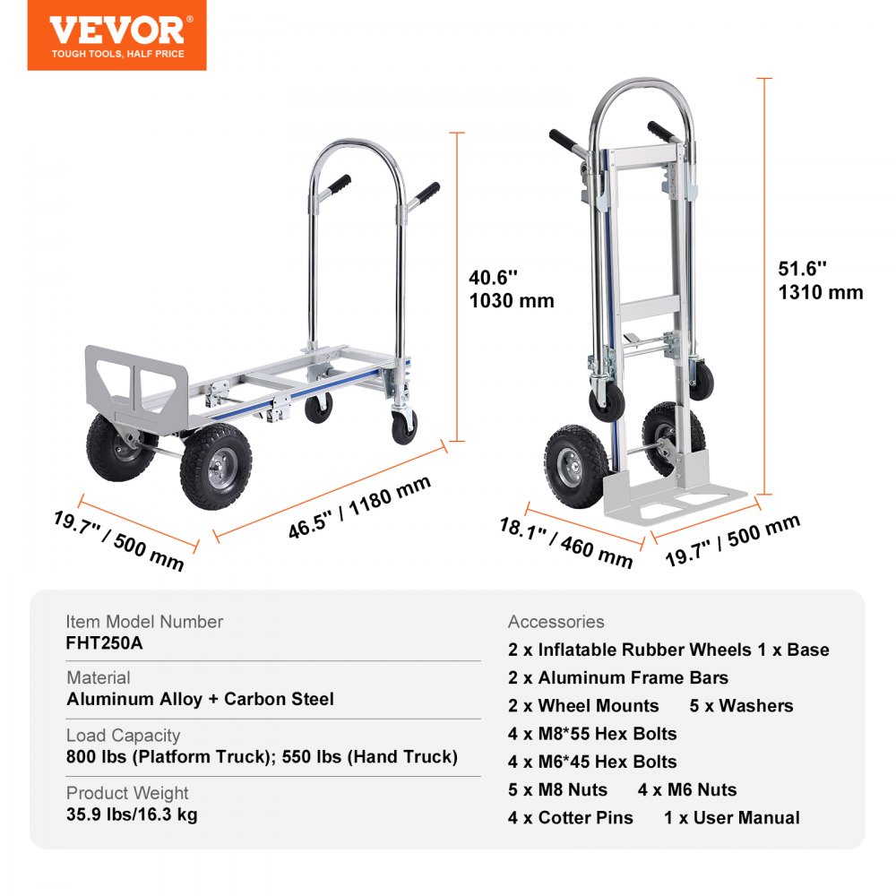 VEVOR 2-in-1 Sackkarre Klappbar 0,686kg Tragfähigkeit Transportkarre Aluminiumlegierung & Kohlenstoffstahl Sackkarre ⇋ Plattformwagen Trolley für Lade- & Transportaufgaben im Innen- & Außenbereich