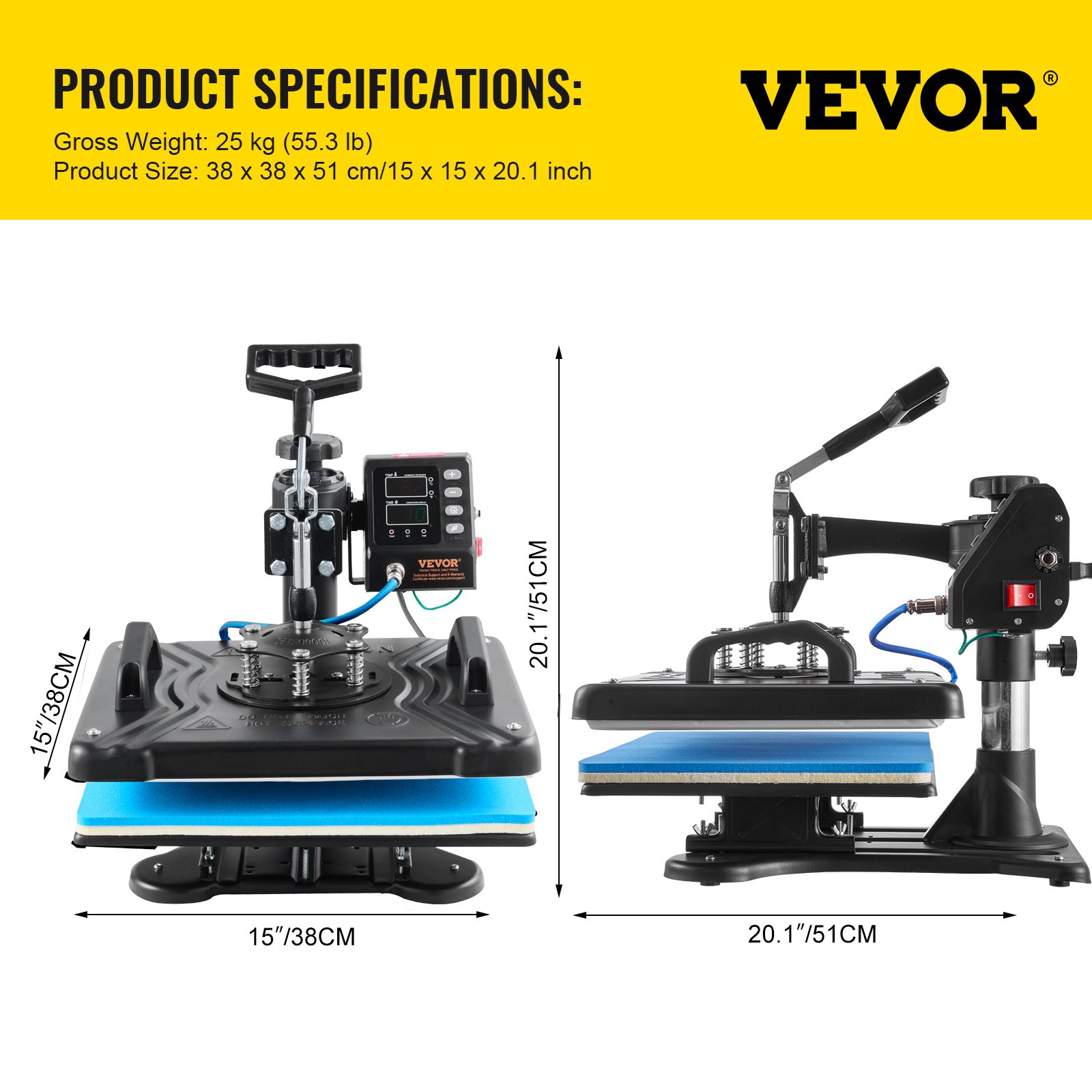 VEVOR 10 in 1 Hitzepresse 38 x 30 cm Transferpresse Schwarz Heißpresse Textilpresse Multifunktionale Sublimations-T-Shirtpresse Becherpresse