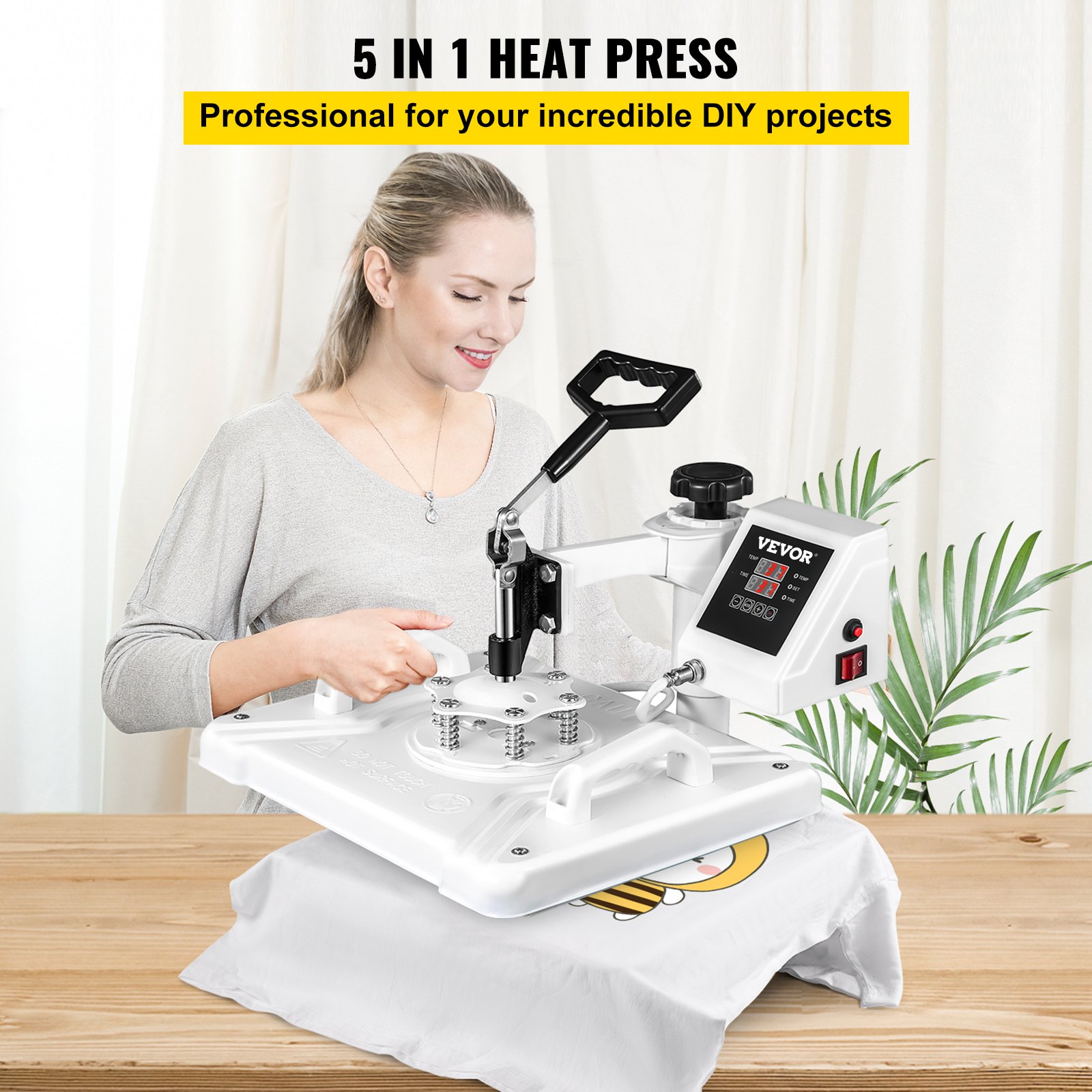 VEVOR Transferpresse 29x38cm Hitzepresse 5 in 1, Heat Press, Heißpresse mit genauen digitalen Zeitschaltuhr & Temperaturregelung 360 Grad, weiße Heißpressmaschine für Schuhe T-Shirts Becher