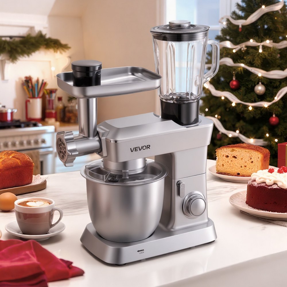 VEVOR multifunktionale Küchenmaschine elektrisch 1300 W mit Edelstahlschüssel (4,3 L) & Mixbecher (1,5 L), Knetmaschine Teigmixer mit 6+P Geschwindigkeiten & Knethaken & Schneebesen & Rührbesen