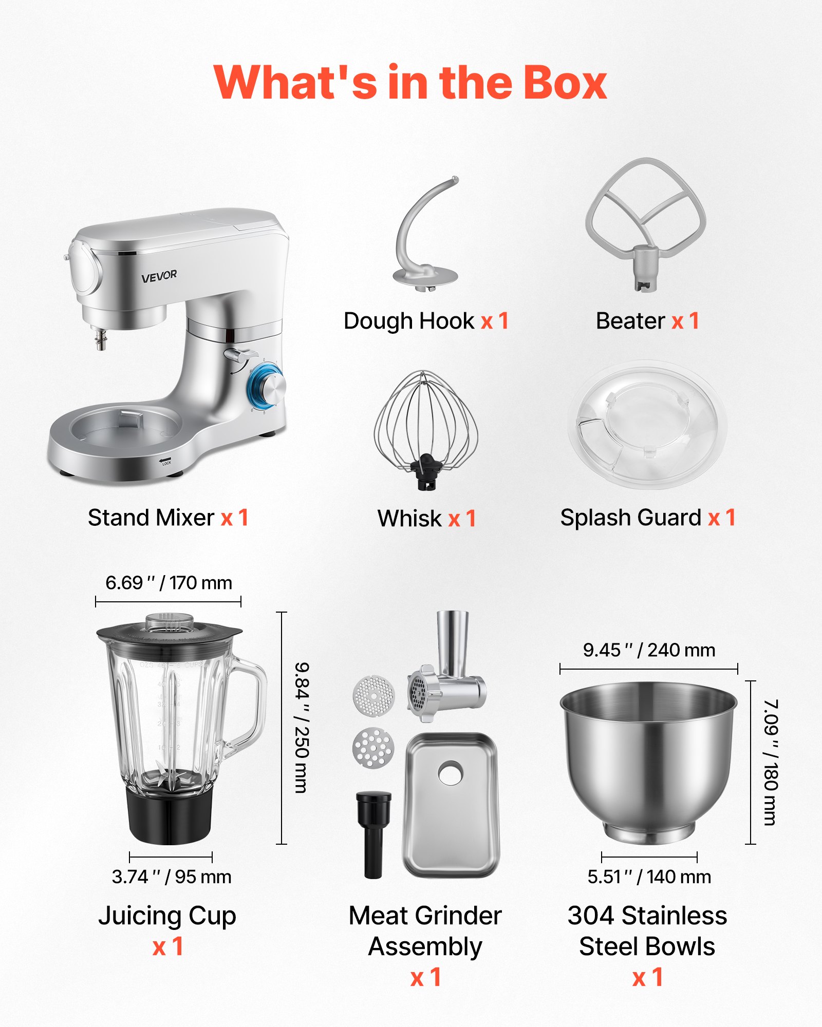 VEVOR multifunktionale Küchenmaschine elektrisch 1500 W mit Edelstahlschüssel (6 L) & Mixbecher (1,5 L), Knetmaschine Teigmixer mit 6+P Geschwindigkeiten & Knethaken & Schneebesen & Rührbesen