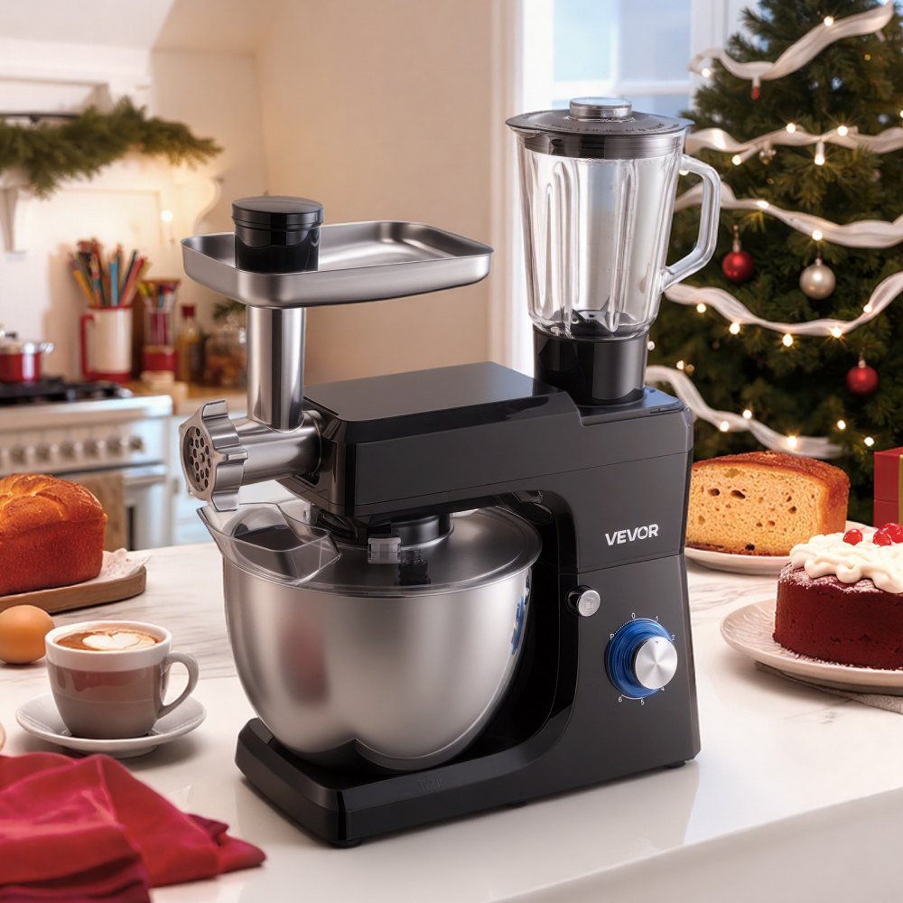 VEVOR multifunktionale Küchenmaschine elektrisch 1500 W mit Edelstahlschüssel (7,8 L) & Mixbecher (1,5 L), Knetmaschine Teigmixer mit 6+P-Geschwindigkeiten & Knethaken & Schneebesen & Rührbesen