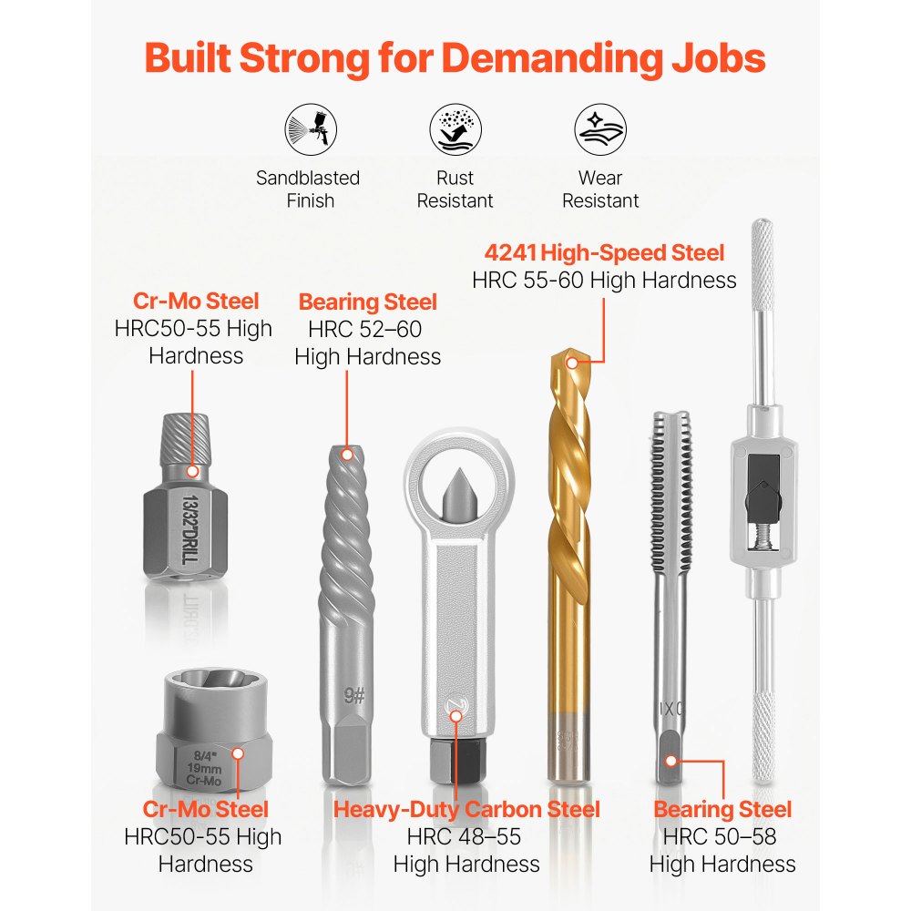 VEVOR Bolzenausdreher-Set 63-tlg. Schraubenausdreher mit Muttern- und Bolzenausdrehern & Mutternsprengern & Gewindebohrern & Bohrern & Schraubenschlüsseln & Adaptern & Tragkoffer, Mutterausdreher