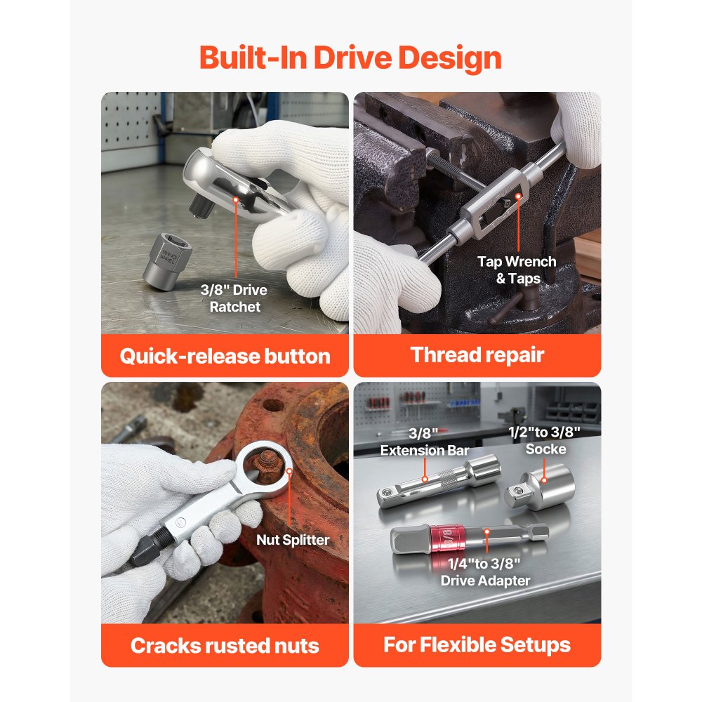 VEVOR Bolzenausdreher-Set 63-tlg. Schraubenausdreher mit Muttern- und Bolzenausdrehern & Mutternsprengern & Gewindebohrern & Bohrern & Schraubenschlüsseln & Adaptern & Tragkoffer, Mutterausdreher