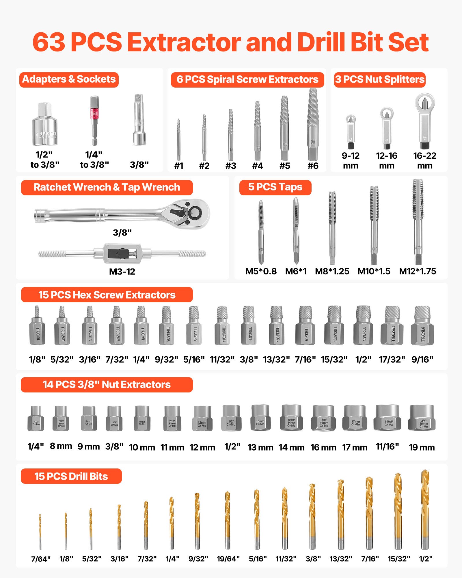 VEVOR Bolzenausdreher-Set 63-tlg. Schraubenausdreher mit Muttern- und Bolzenausdrehern & Mutternsprengern & Gewindebohrern & Bohrern & Schraubenschlüsseln & Adaptern & Tragkoffer, Mutterausdreher