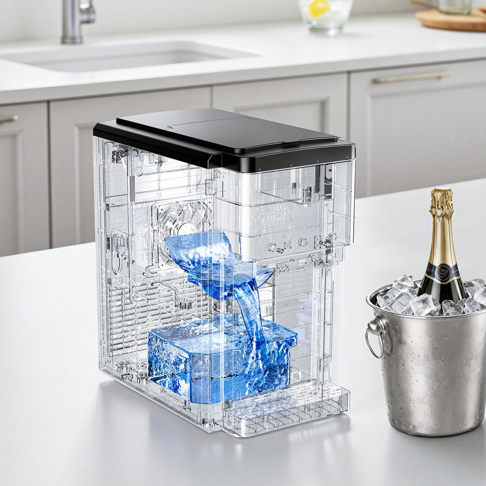VEVOR Wasserspender mit Eiswürfelbereiter 16 kg/Tag, 3 in 1 Tischwasserspender, 12 Eiswürfel/7 Min. Schnellproduktion mit Vorratsbehälter, Kugeleis/Crushed Ice & Kaltwasser, für Küche Partys