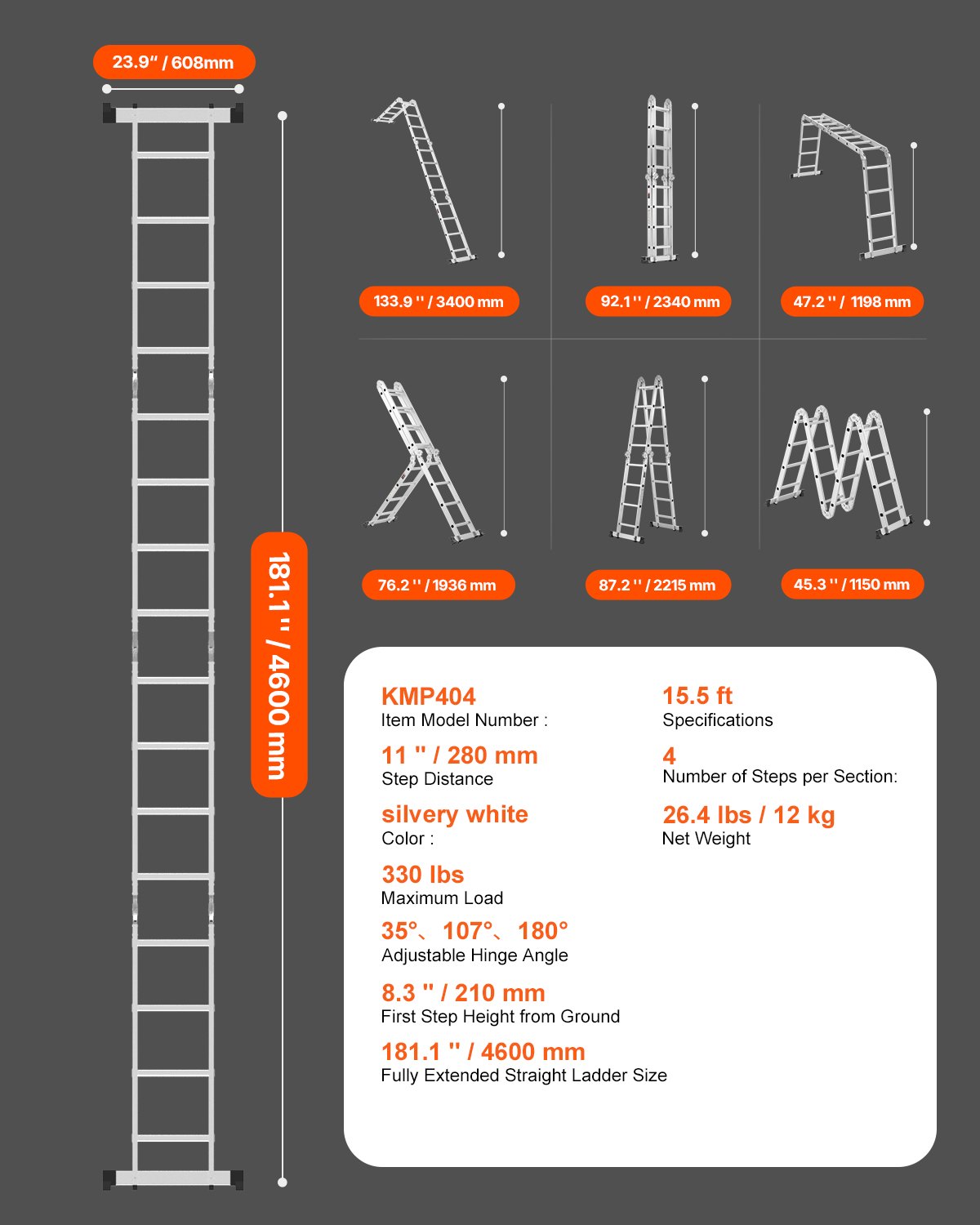 VEVOR Multi-Purpose Ladder, 7-in-1 Multifunctional Ladder, Telescopic Ladder with A-Frame and 4 Steps, Ladder Frame 4600 mm, Adjustable Heavy-Duty Ladder, 150 kg Load Capacity for Outdoor and Home Use