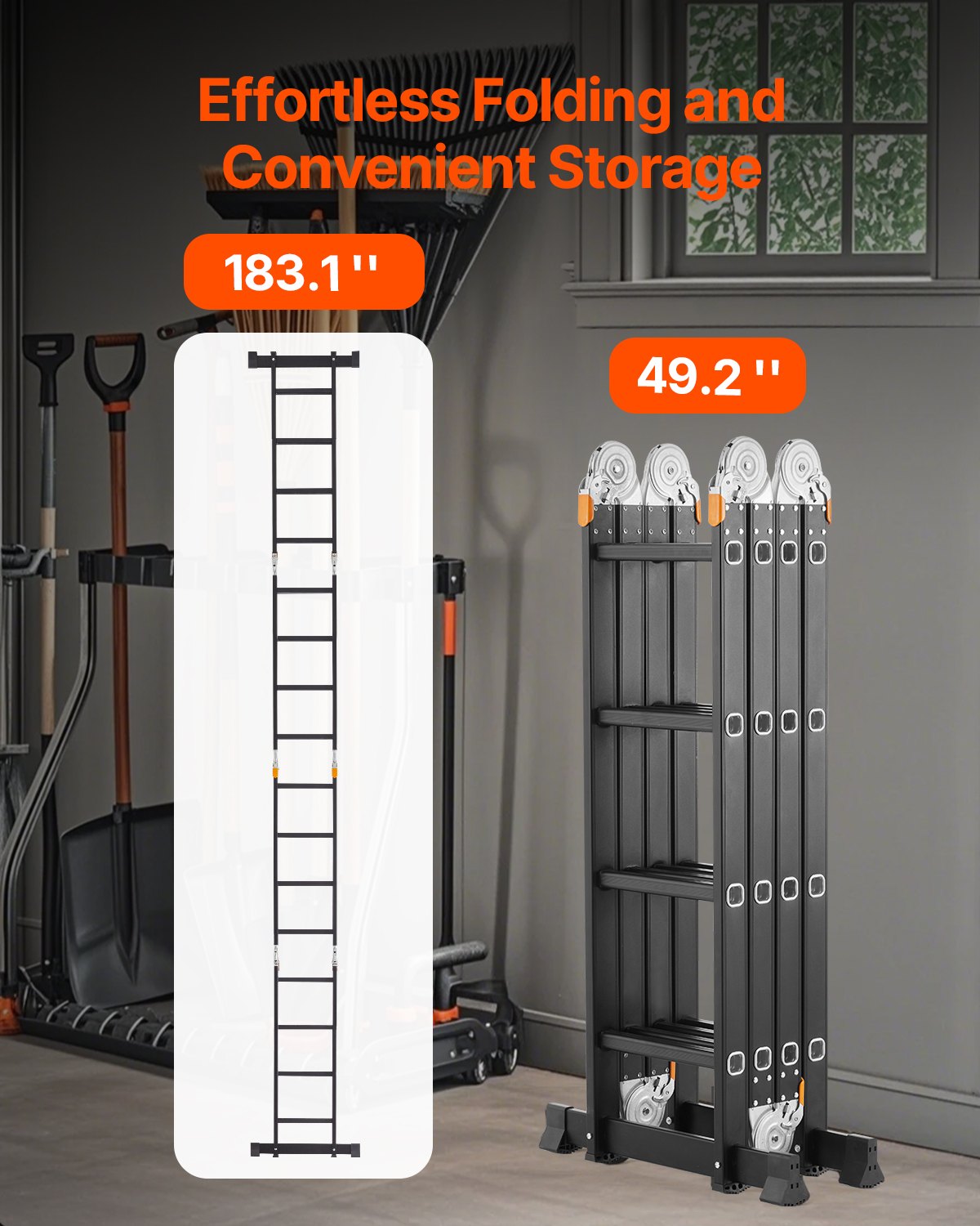 VEVOR Multi-Purpose Ladder, 7-in-1 Multifunctional Ladder, A-Frame with 4 Steps and Scaffold Board, Telescopic Ladder, Ladder Scaffold 4650 mm, Heavy Duty, 150 kg Load Capacity, for Outdoor Use