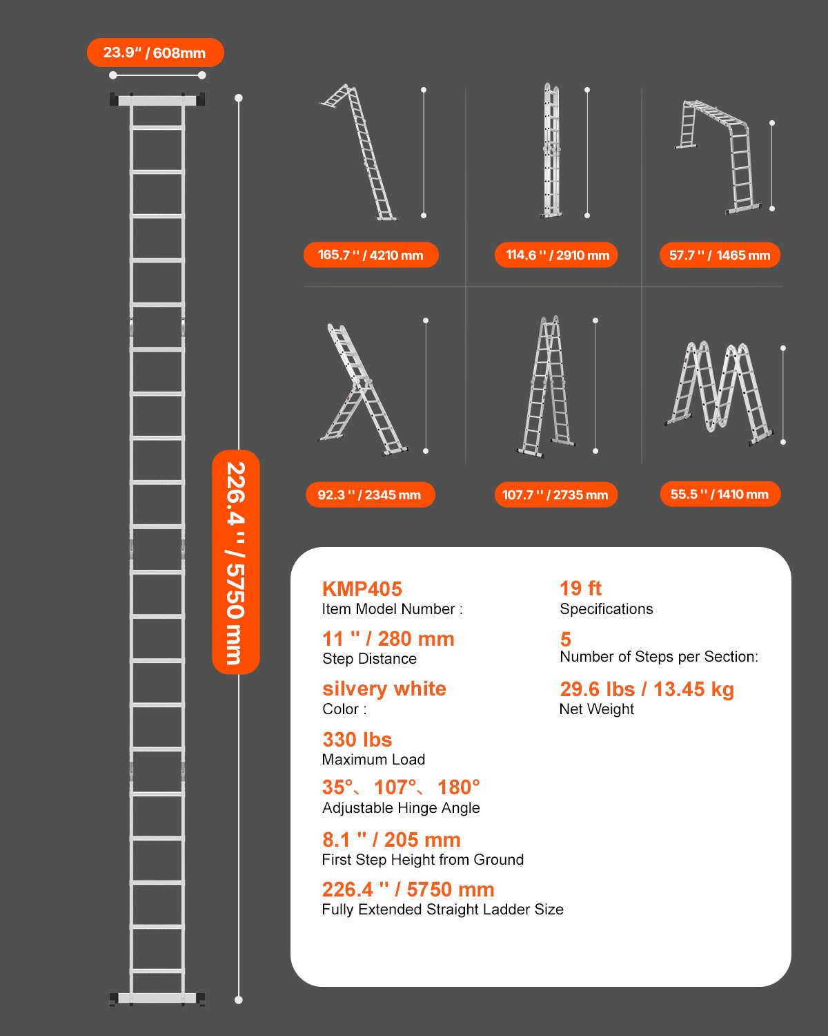 VEVOR Mehrzweckleiter, 7-in-1-Multifunktionsleiter, A-Rahmen, 5-Stufen-Teleskopleiter, Leitergerüst 5750 mm, verstellbare Hochleistungsleiter, 150 kg Tragkraft, für den Außenbereich zu Hause