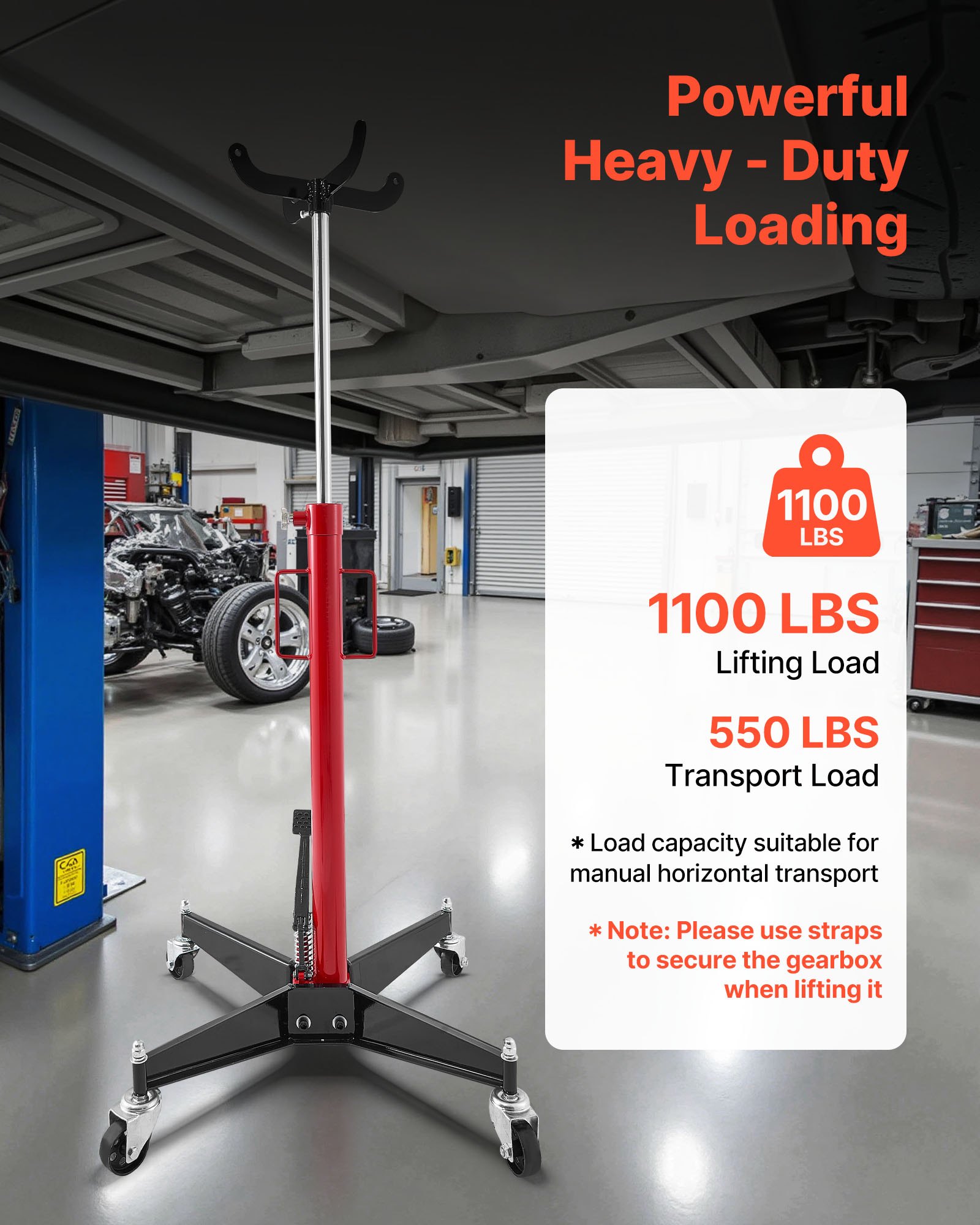 VEVOR hydraulischer Wagenheber Getriebeheber mit 500 kg Hubkapazität, Teleskop-Getriebeheber mit Pedal, 360°-Schwenkrad, 112-187 cm Hubhöhe, Hebezeug für Garage / Werkstatt Rot + Schwarz