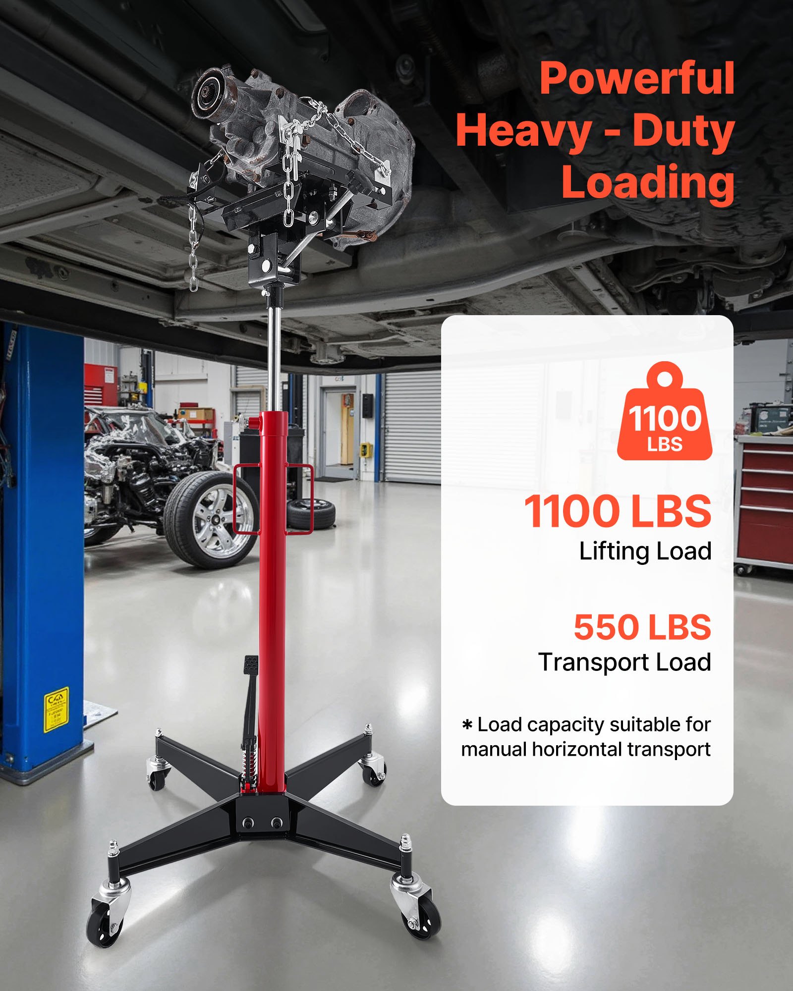 VEVOR hydraulischer Wagenheber Getriebeheber mit 500 kg Hubkapazität, Teleskop-Getriebeheber mit Pedal, 360°-Schwenkrad, 127-202 cm Hubhöhe, Hebezeug für Garage / Werkstatt Rot + Schwarz