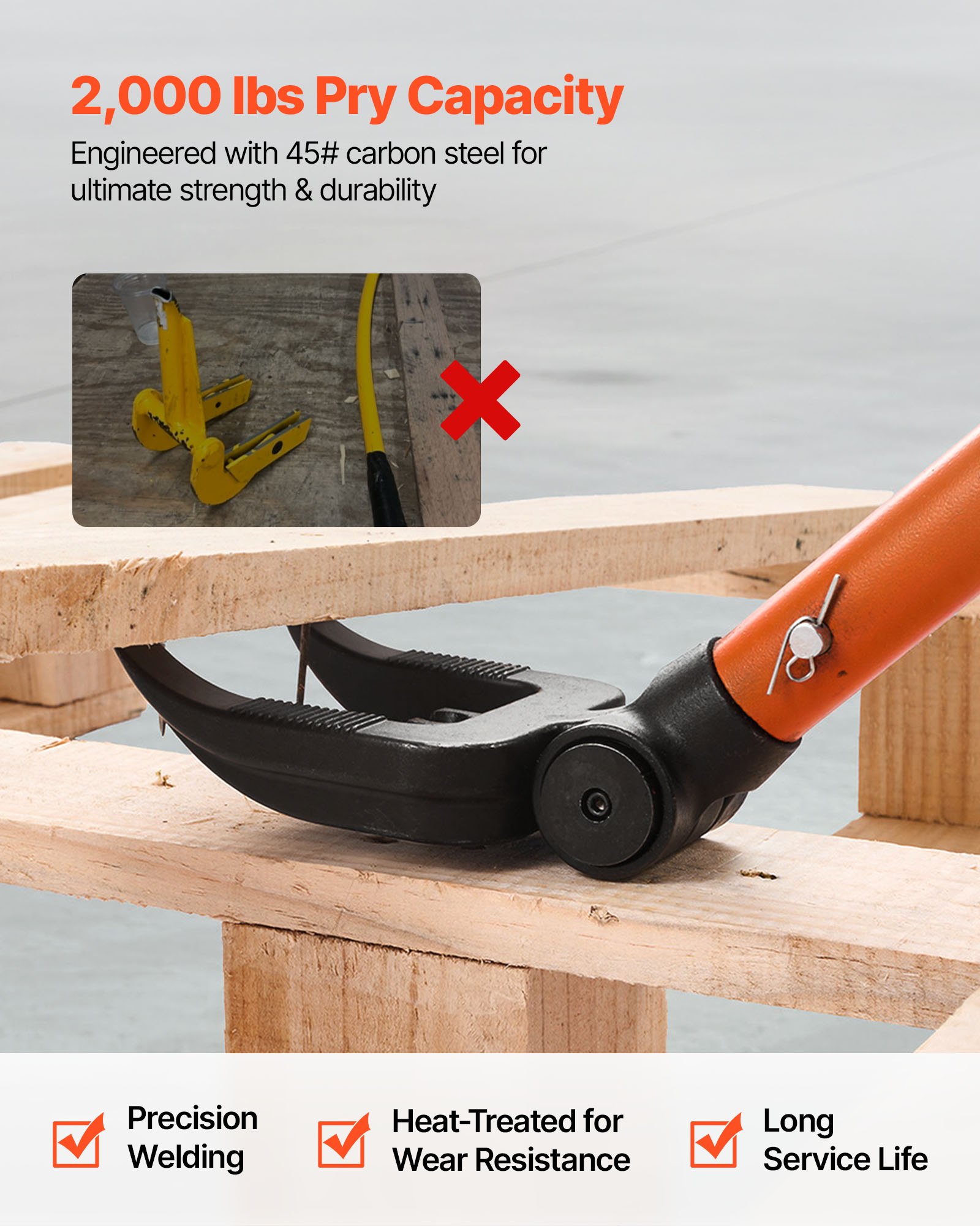 VEVOR Pallet Buster Tool, 1.1 m Carbon Steel Handle Wrecking Pry Bar, 907 kg Weight Capacity, Heavy Duty Deck Board Removal Tool, Breaker Bar for Flooring, Framing, Roofing, Trim, Drywall