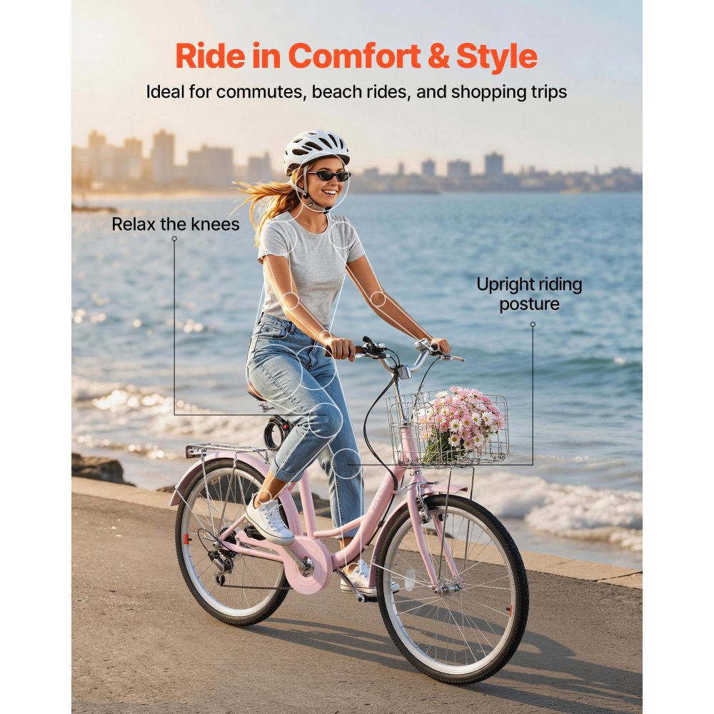 VEVOR Damenfahrrad 24 Zoll Cruiser-Fahrrad 150 kg 7-Gang Citybike Pink, für Pendelfahrten Besorgungen und Strandfahrten, mit Doppelten V-Bremsen, 50 kg Gepäckträger, Schutzblechen und Handschuhen