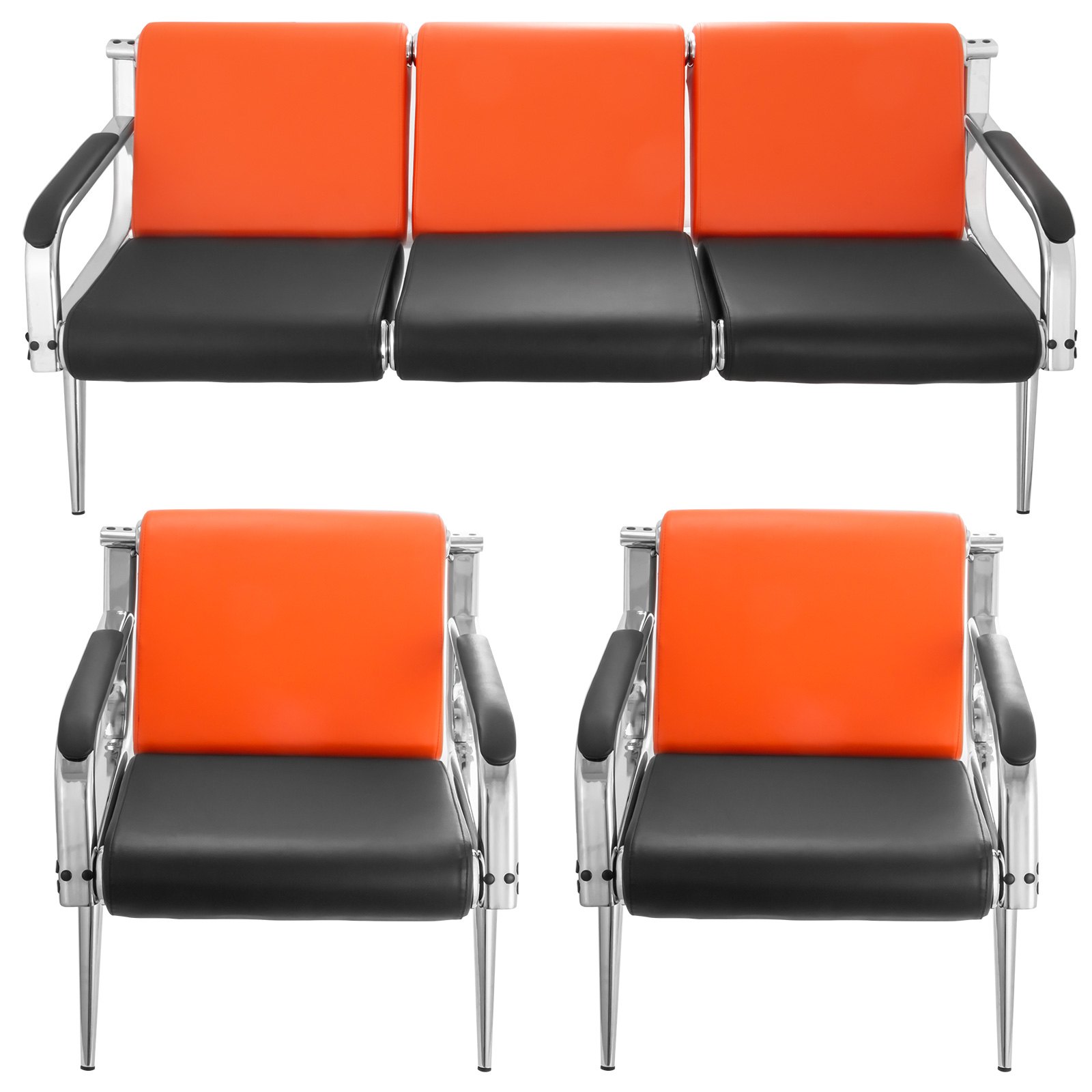 Wartezimmerbank Sitzbank Wartezimmer 3-Sitz-Wartebank + 2 Stühle aus PU Leder schwarz und orange