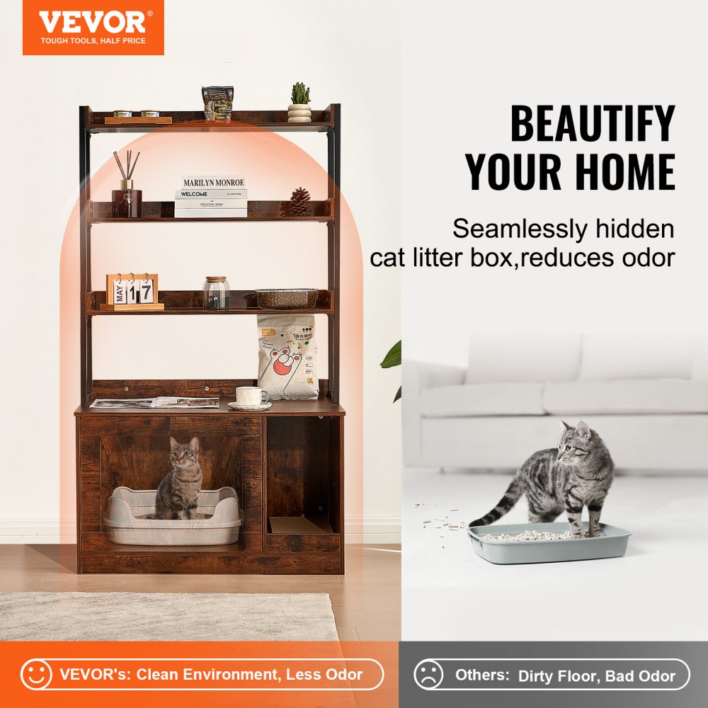 VEVOR Cat Litter Box Enclosure, Hidden Cat Litter Box Cabinet with 3 Shelves, Wooden Indoor Cat Litter Box, Large Hidden Cat House Cabinet, Fits Most Litter Boxes, 85.1 cm L x 49.9 cm W x 148.9 cm H, Dark Brown