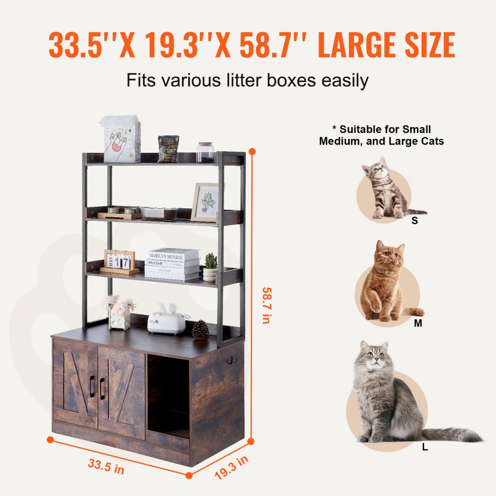 VEVOR Cat Litter Box Enclosure, Hidden Cat Litter Box Cabinet with 3 Shelves, Wooden Indoor Cat Litter Box, Large Hidden Cat House Cabinet, Fits Most Litter Boxes, 85.1 cm L x 49.9 cm W x 148.9 cm H, Dark Brown