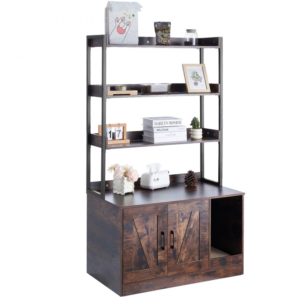 VEVOR Cat Litter Box Enclosure, Hidden Cat Litter Box Cabinet with 3 Shelves, Wooden Indoor Cat Litter Box, Large Hidden Cat House Cabinet, Fits Most Litter Boxes, 85.1 cm L x 49.9 cm W x 148.9 cm H, Dark Brown