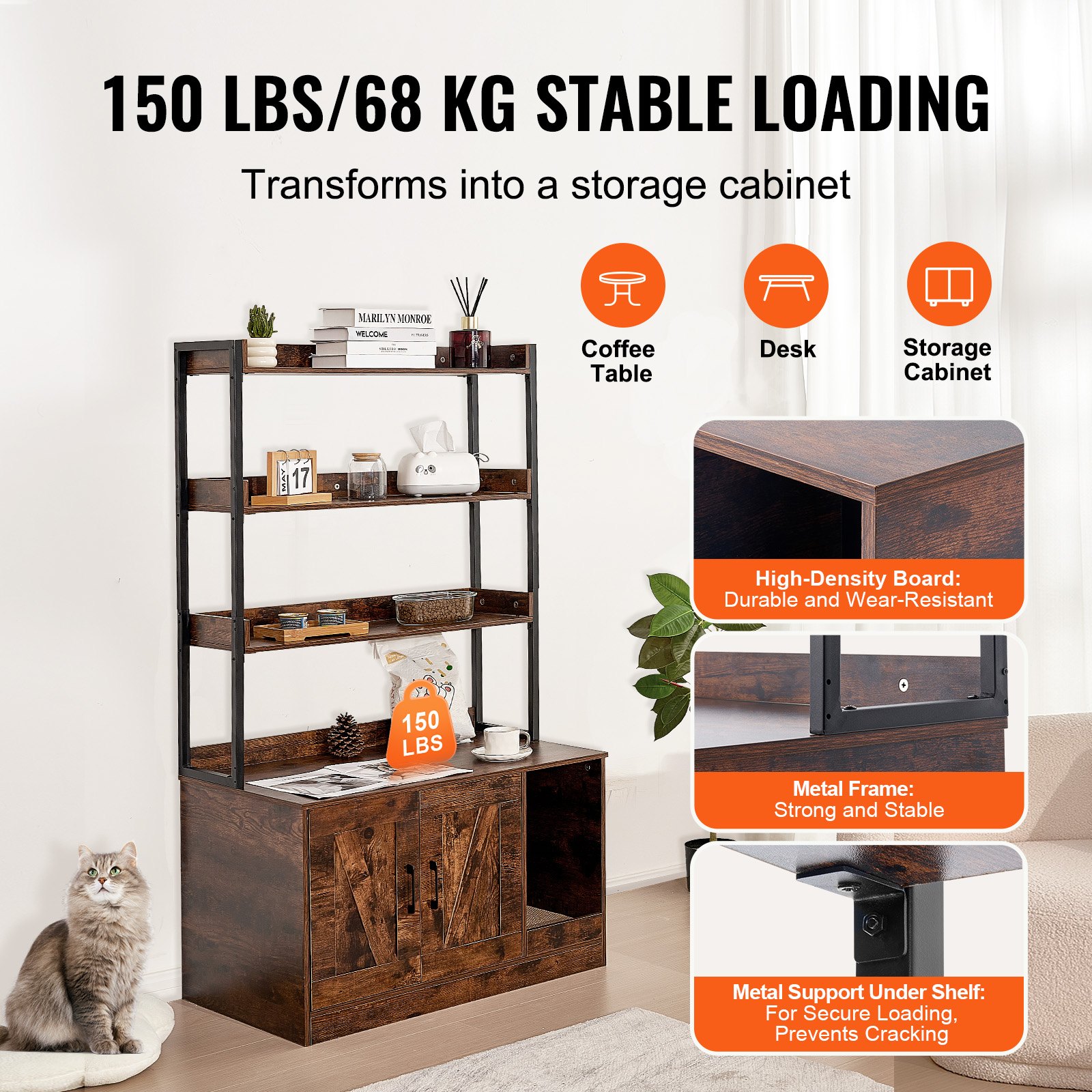 VEVOR Cat Litter Box Enclosure, Hidden Cat Litter Box Cabinet with 3 Shelves, Wooden Indoor Cat Litter Box, Large Hidden Cat House Cabinet, Fits Most Litter Boxes, 85.1 cm L x 49.9 cm W x 148.9 cm H, Dark Brown