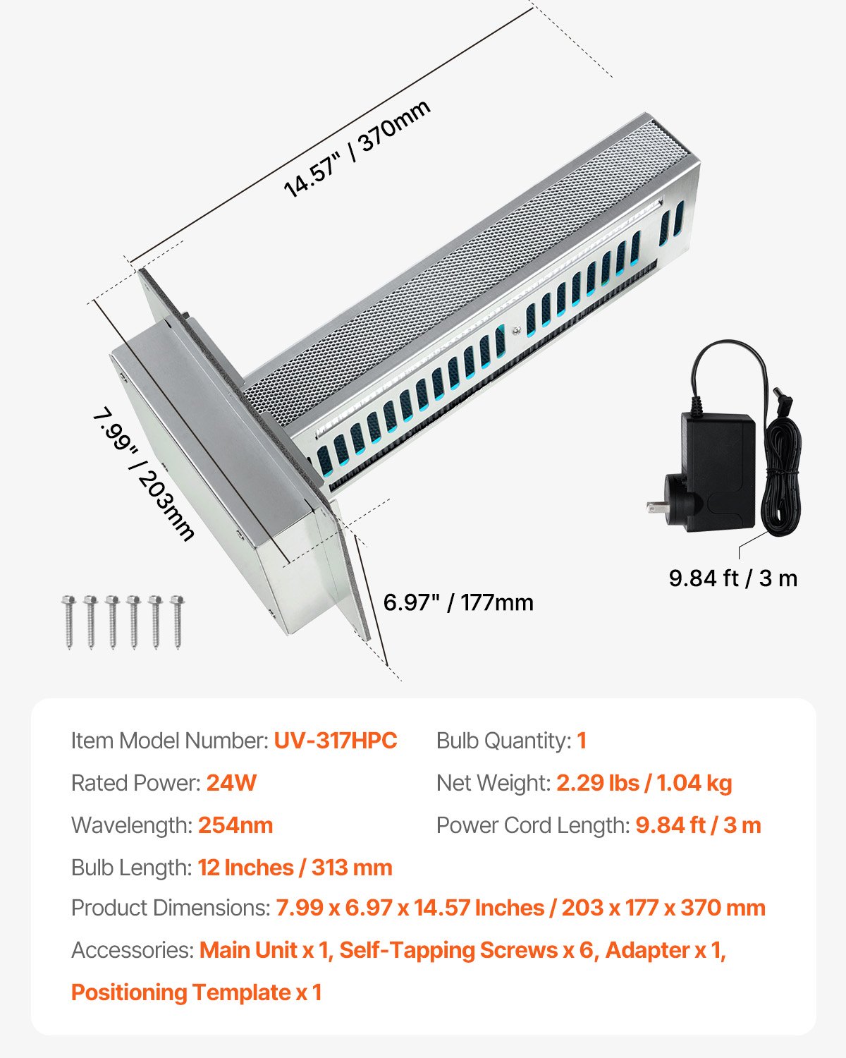 VEVOR HVAC-Luftreiniger für das ganze Haus, 24 W, 254 nm, UV-UVC-Licht im Kanal für Klimaanlagenkanäle, Luftwäscher mit 2 Glühbirnen und Kohlenstofffiltration, HVAC-UV-Lampen für Klimaanlagen