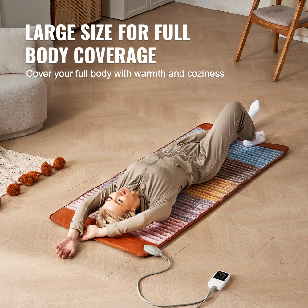 VEVOR Far Infrared Heat Pad with 5 Crystal Gemstones, Amethyst Therapy Mat with Negative Ions, 39-70 °C Heating, 0-720 Min Timer for Pain Relief in Back, Waist & Legs (170x69cm)