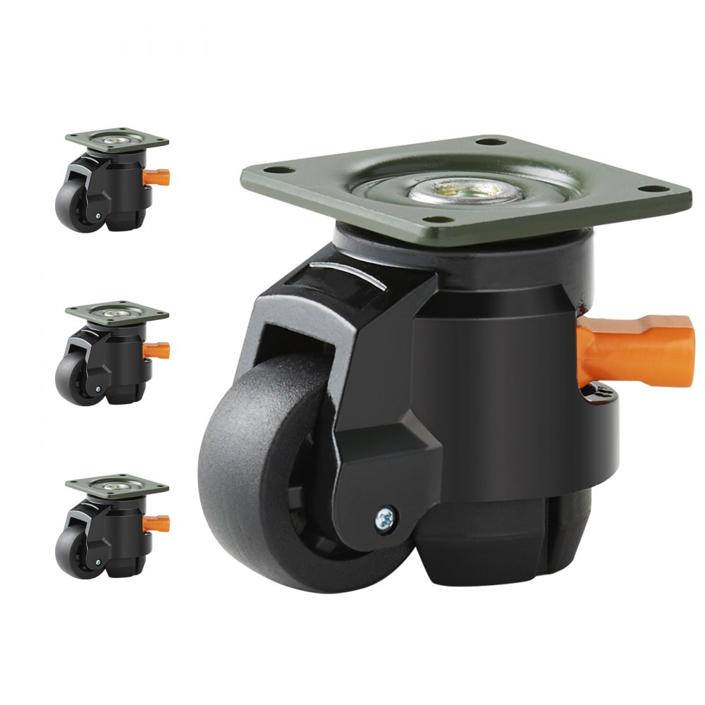 VEVOR-Nivellierrollen mit verstellbarer Basis und robuster schwarzer Konstruktion, mit orangefarbenem Knopf.