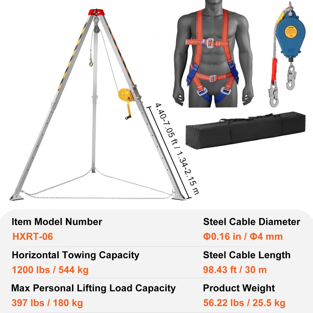VEVOR Tripod Set 1200 lbs Winch Tripod with 7' Legs and 98' Cable, Confined Space Rescue Tripod, 32.8' Fall Arrest Harness, Storage Bag for Conventional Confined Spaces