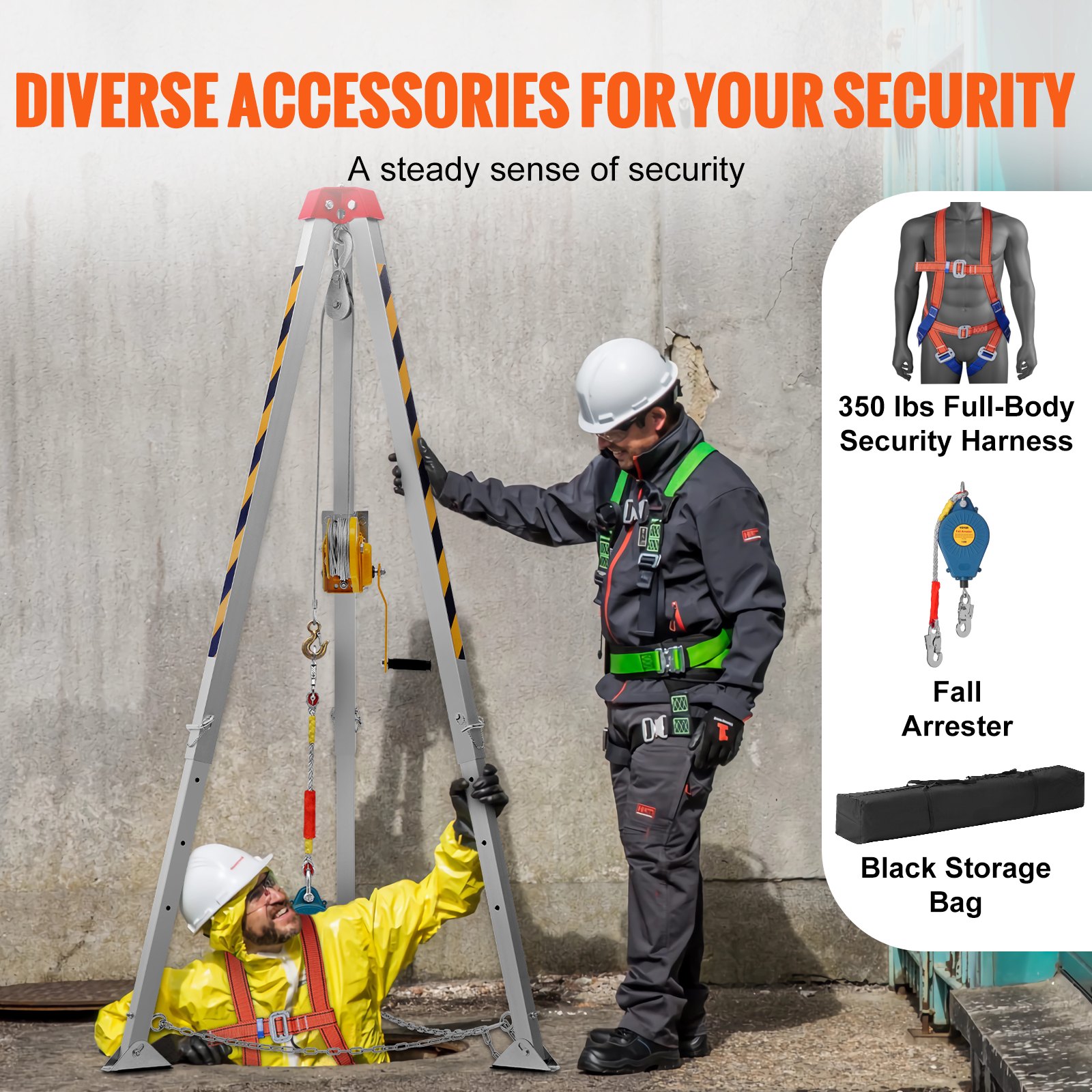 VEVOR Tripod Set 1200 lbs Winch Tripod with 7' Legs and 98' Cable, Confined Space Rescue Tripod, 32.8' Fall Arrest Harness, Storage Bag for Conventional Confined Spaces