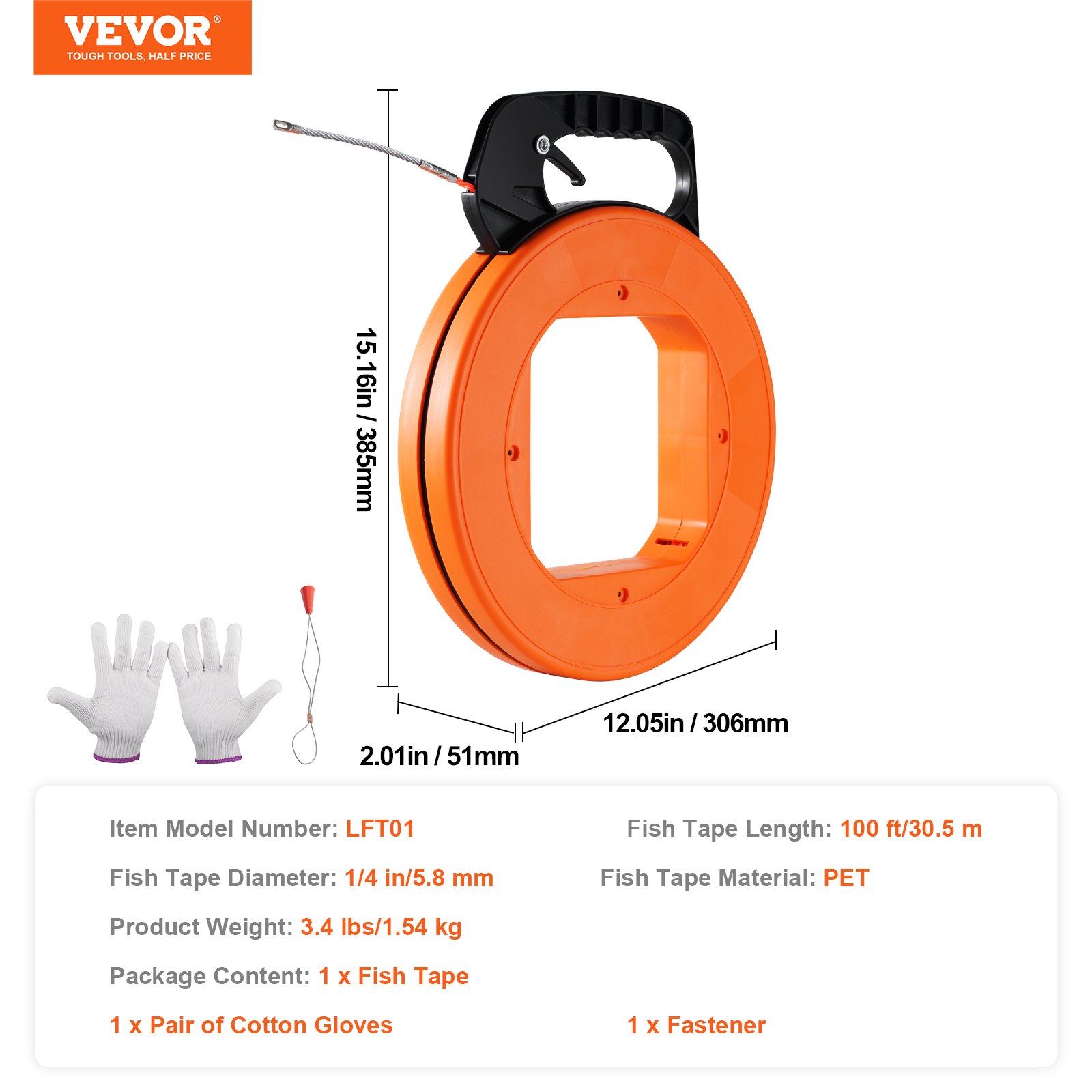 VEVOR Kabeleinziehhilfe, 6,35 mm x 30,5 m, PET-Einziehspirale mit optimiertem Gehäuse & Griff, Einziehfeder, flexibles Drahteinziehwerkzeug für Wände und elektrische Leitungen, nicht leitfähig