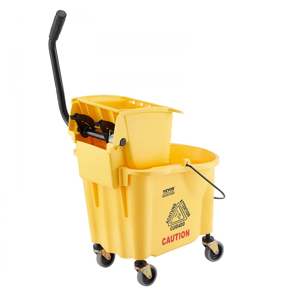 VEVOR Mop Bucket with Wringer, 26 QT Commercial Mop Bucket with Side Press, Mop Bucket and Wringer Combo on Wheels, Professional/Industrial/Commercial Floor Cleaning, Yellow
