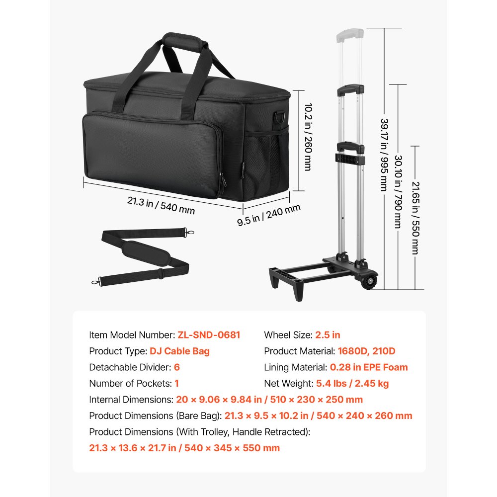 VEVOR DJ Kabeltasche 540 x 240 x 260 mm, DJ Tasche mit 6 Abnehmbaren Trennwänden, Gepolstertem Boden, 3 Außentaschen, Rollen & Griffen, 1680D, Kabeltasche für DJ-Equipment, Musikinstrumente & Zubehör