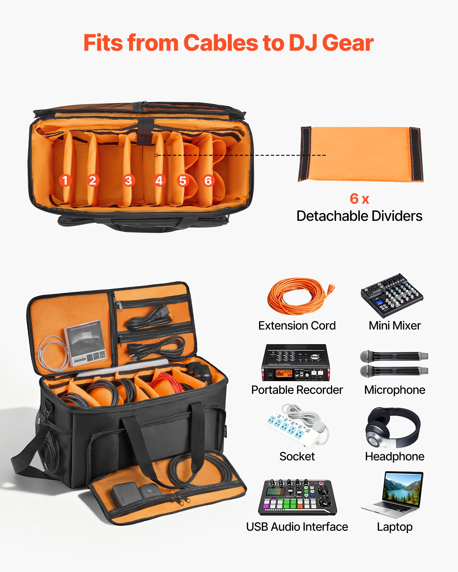 VEVOR DJ Kabeltasche 540 x 240 x 260 mm, DJ Tasche mit 6 Abnehmbaren Trennwänden, Gepolstertem Boden, 3 Außentaschen, Rollen & Griffen, 1680D, Kabeltasche für DJ-Equipment, Musikinstrumente & Zubehör